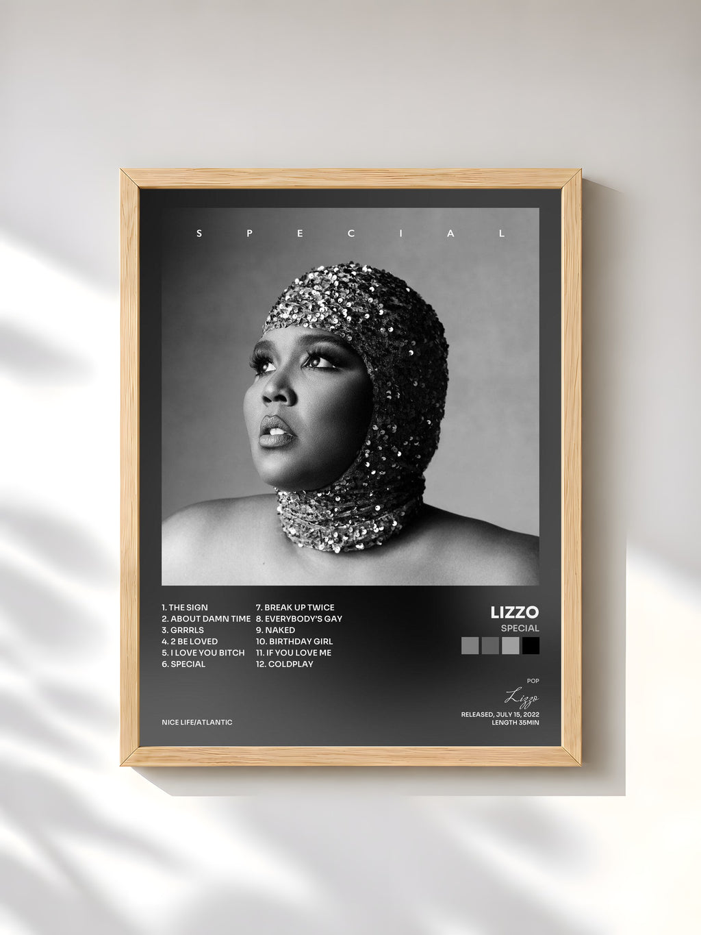 #bois Tableau de l'album Special de Lizzo, cadre en bois brut, imprimé et encadré en France