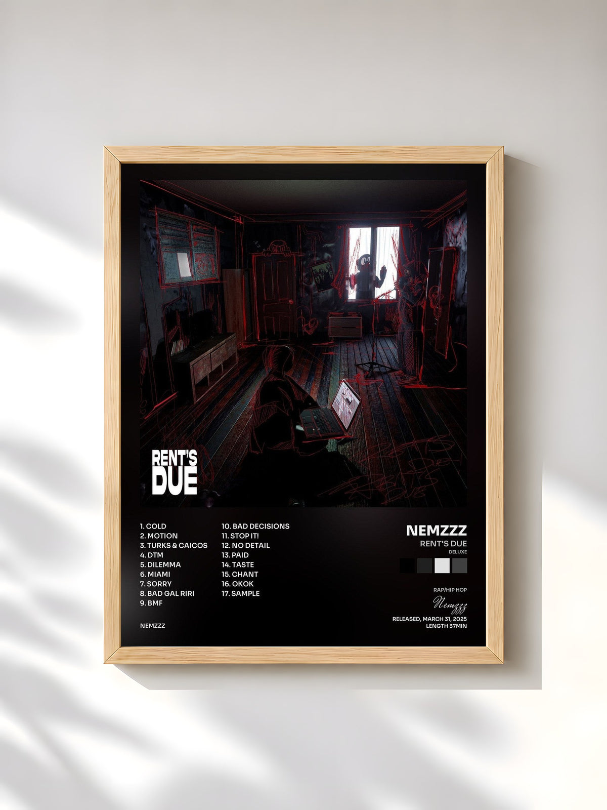 #bois Tableau de l'album RENT'S DUE (DELUXE) de Nemzzz, cadre en bois brut, imprimé et encadré en France