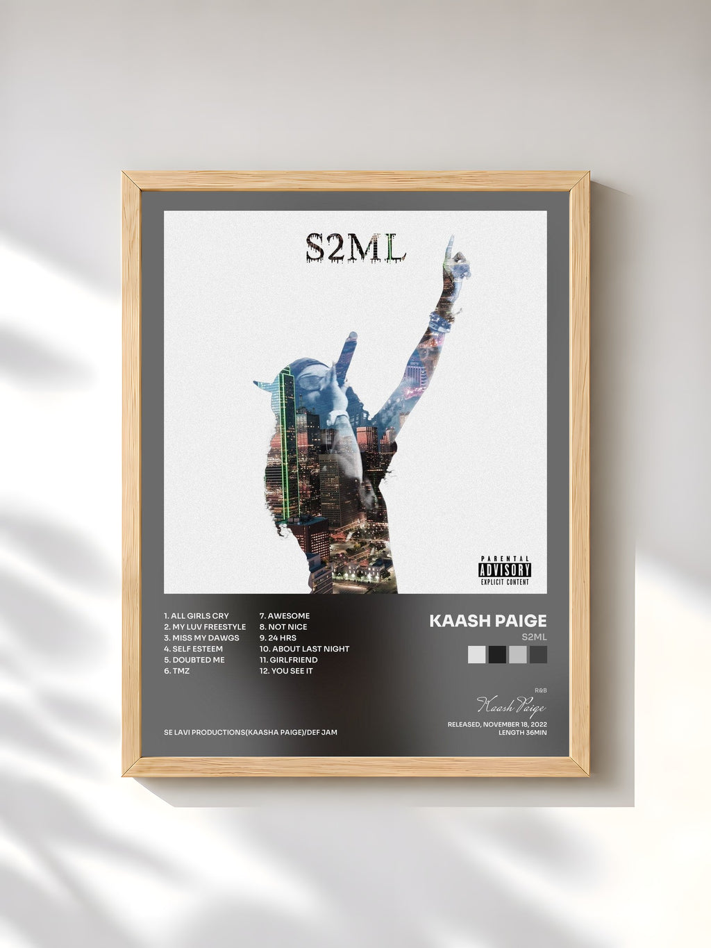 #bois Tableau de l'album S2ML de Kaash Paige, cadre en bois brut, imprimé et encadré en France