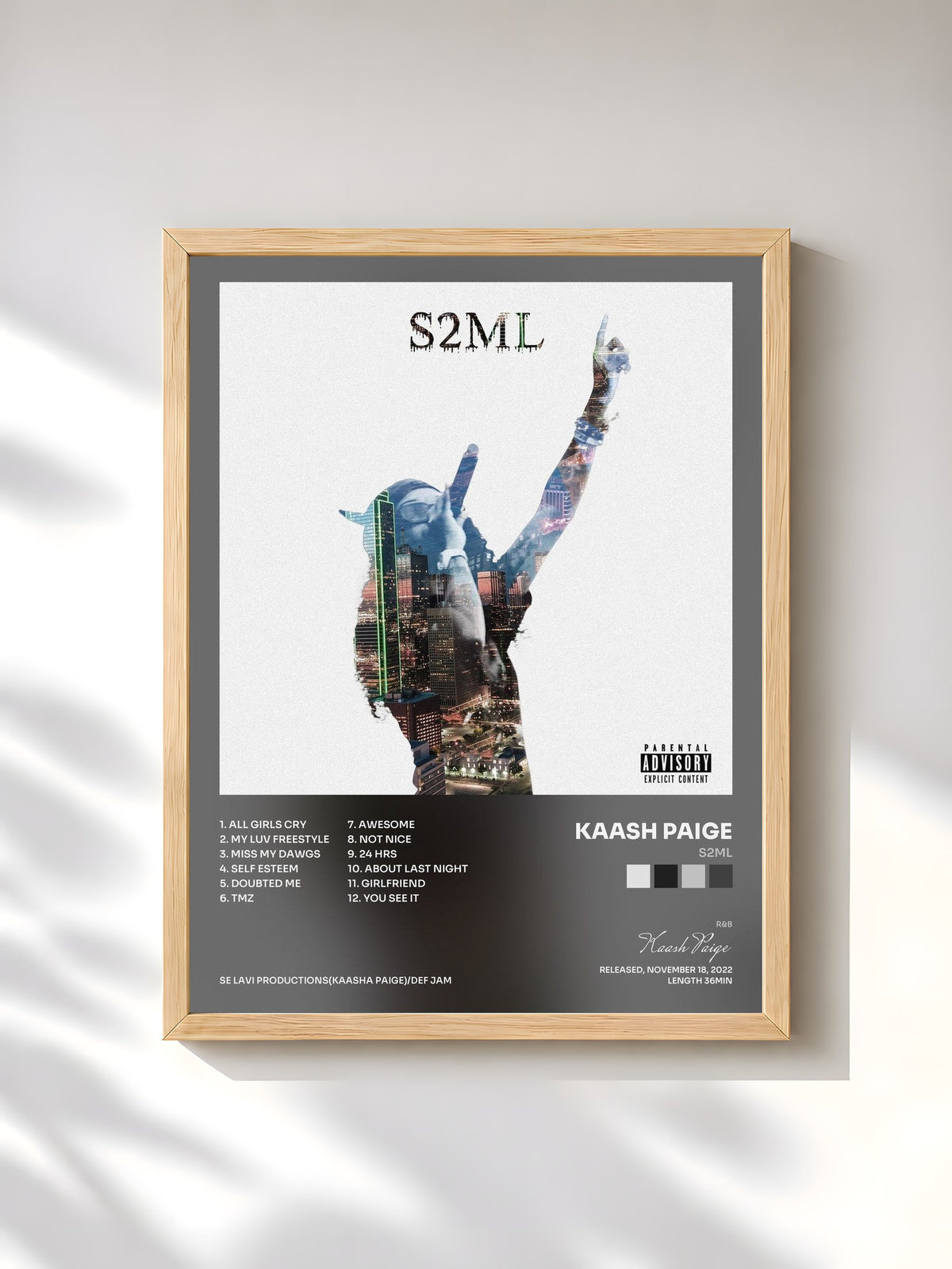 #bois Tableau de l'album S2ML de Kaash Paige, cadre en bois brut, imprimé et encadré en France