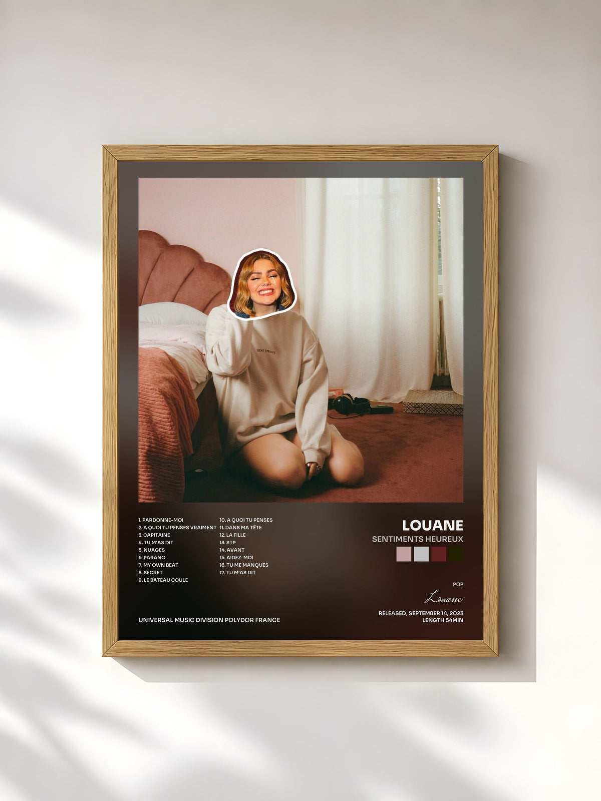 #bois Tableau de l'album Sentiments Heureux de Louane, cadre en bois brut, imprimé et encadré en France