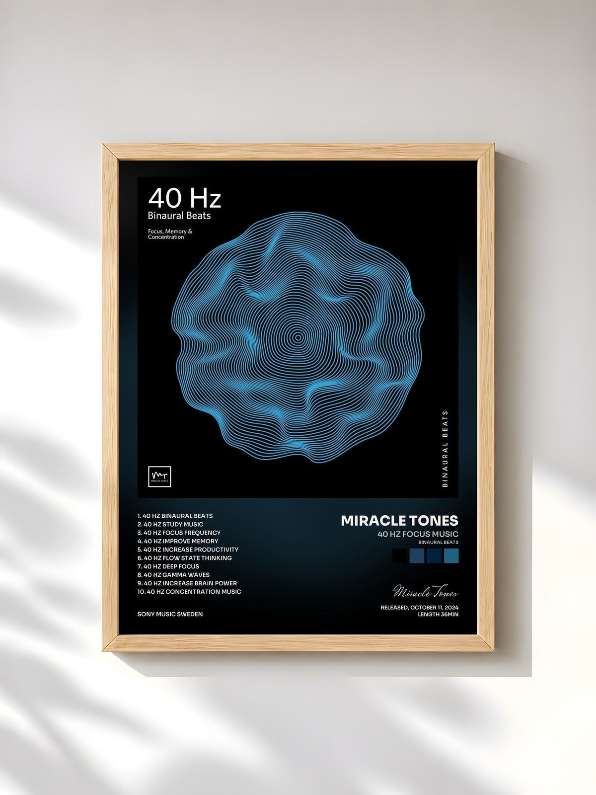 #bois Tableau de l'album 40 Hz Focus Music (Binaural Beats) de Miracle Tones, cadre en bois brut, imprimé et encadré en France