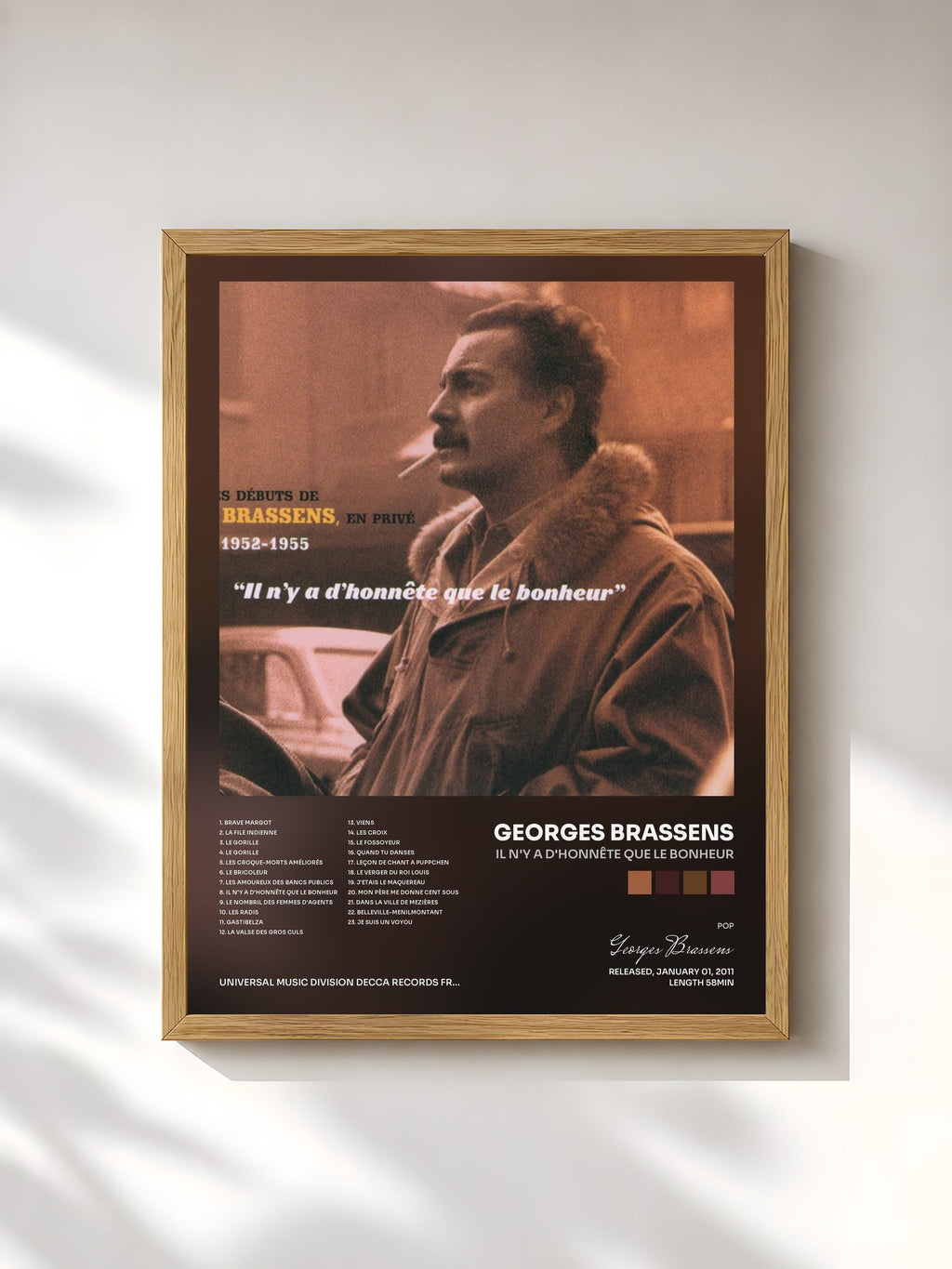 #bois Tableau de l'album Il N'Y A D'Honnête Que Le Bonheur de Georges Brassens, cadre en bois brut, imprimé et encadré en France