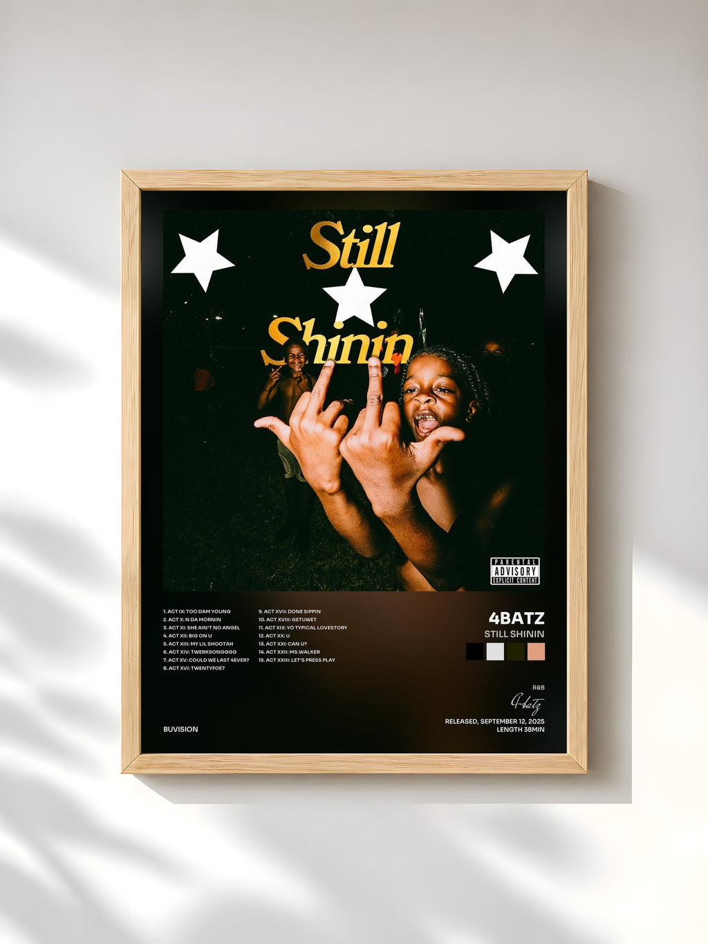 #bois Tableau de l'album Still Shinin de 4batz, cadre en bois brut, imprimé et encadré en France