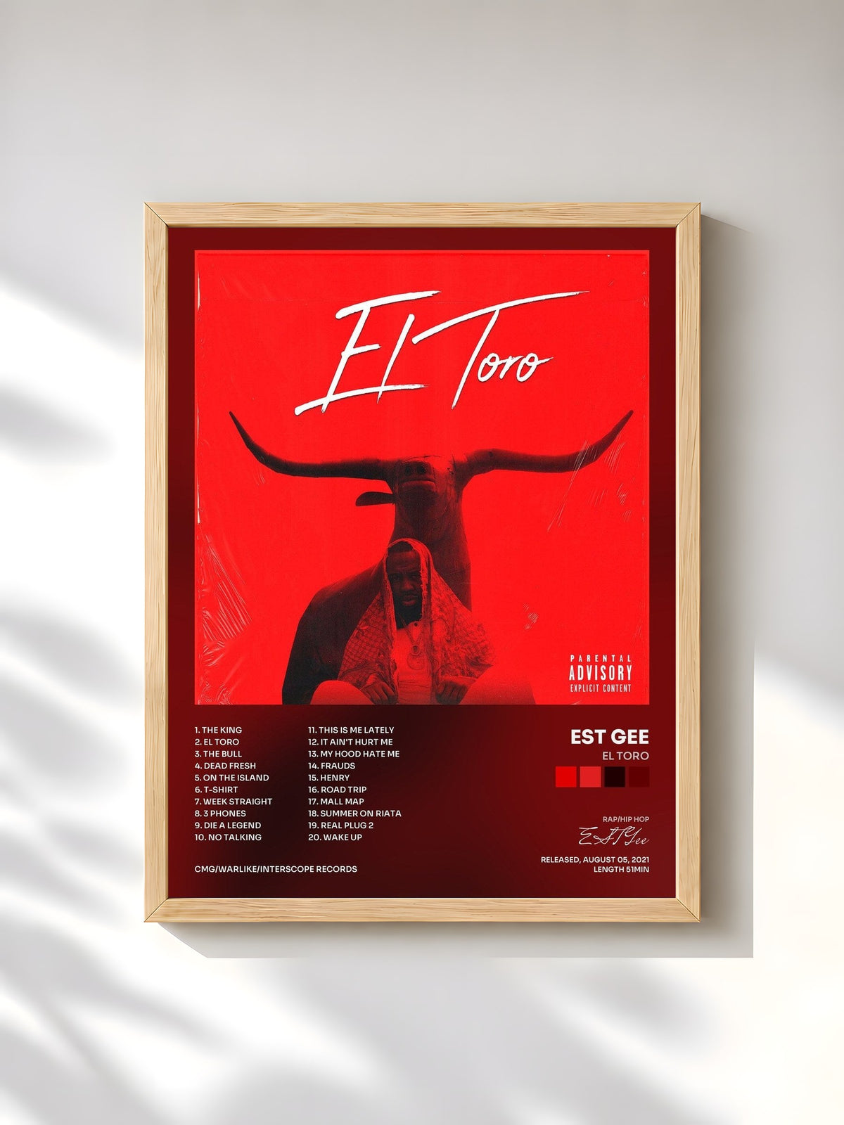 #bois Tableau de l'album El Toro de EST Gee, cadre en bois brut, imprimé et encadré en France