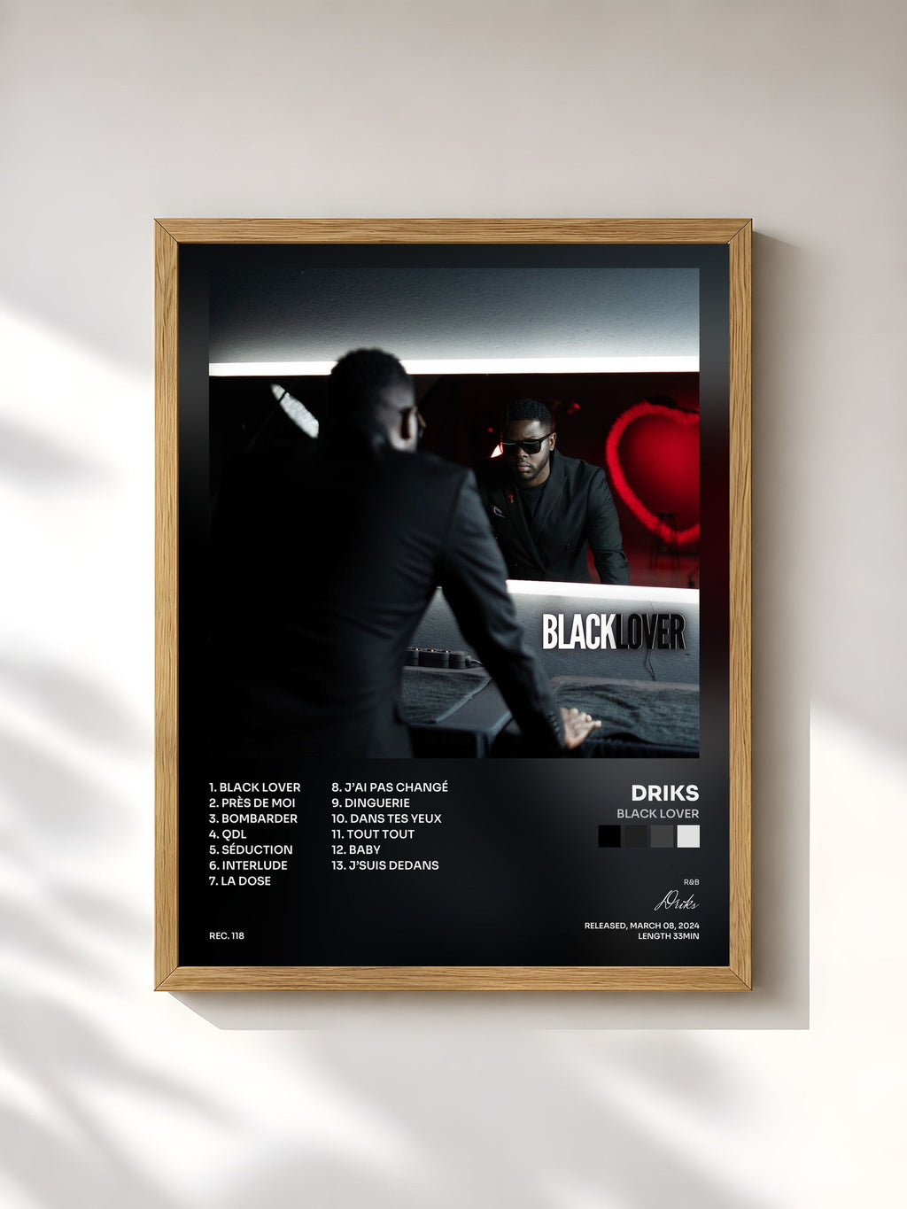 #bois Tableau de l'album Black Lover de Driks, cadre en bois brut, imprimé et encadré en France
