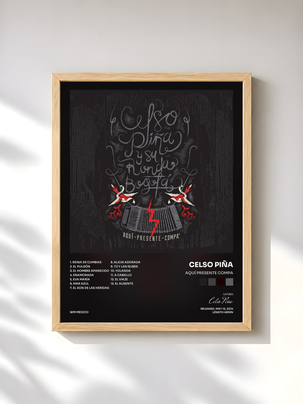 #bois Tableau de l'album Aquí presente Compa de Celso Piña, cadre en bois brut, imprimé et encadré en France