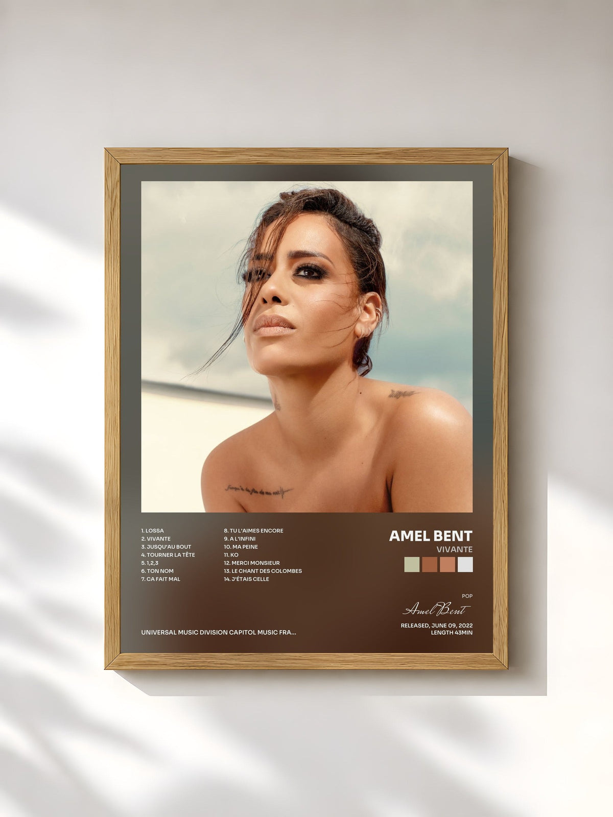 #bois Tableau de l'album Vivante de Amel Bent, cadre en bois brut, imprimé et encadré en France