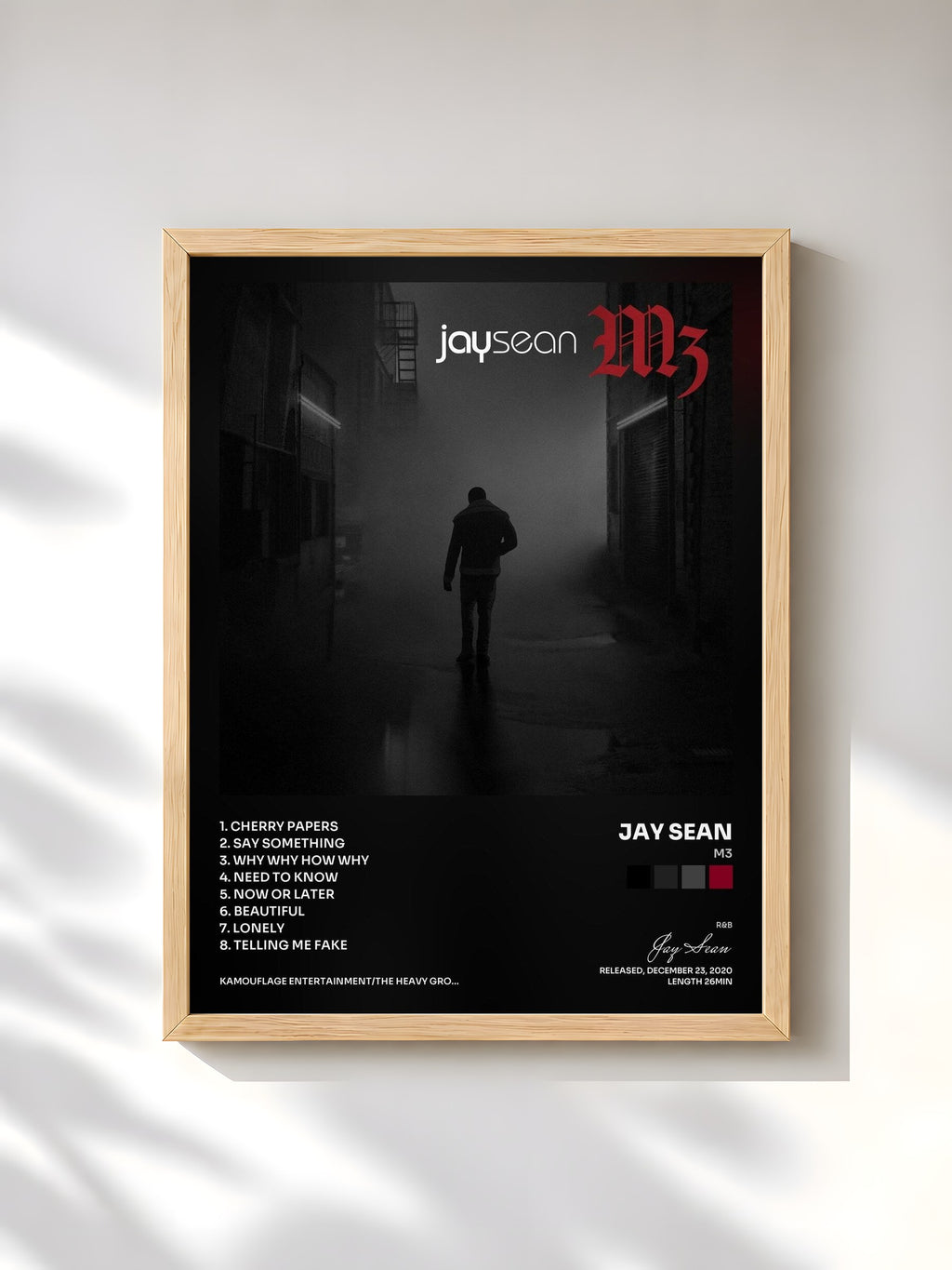 #bois Tableau de l'album M3 de Jay Sean, cadre en bois brut, imprimé et encadré en France