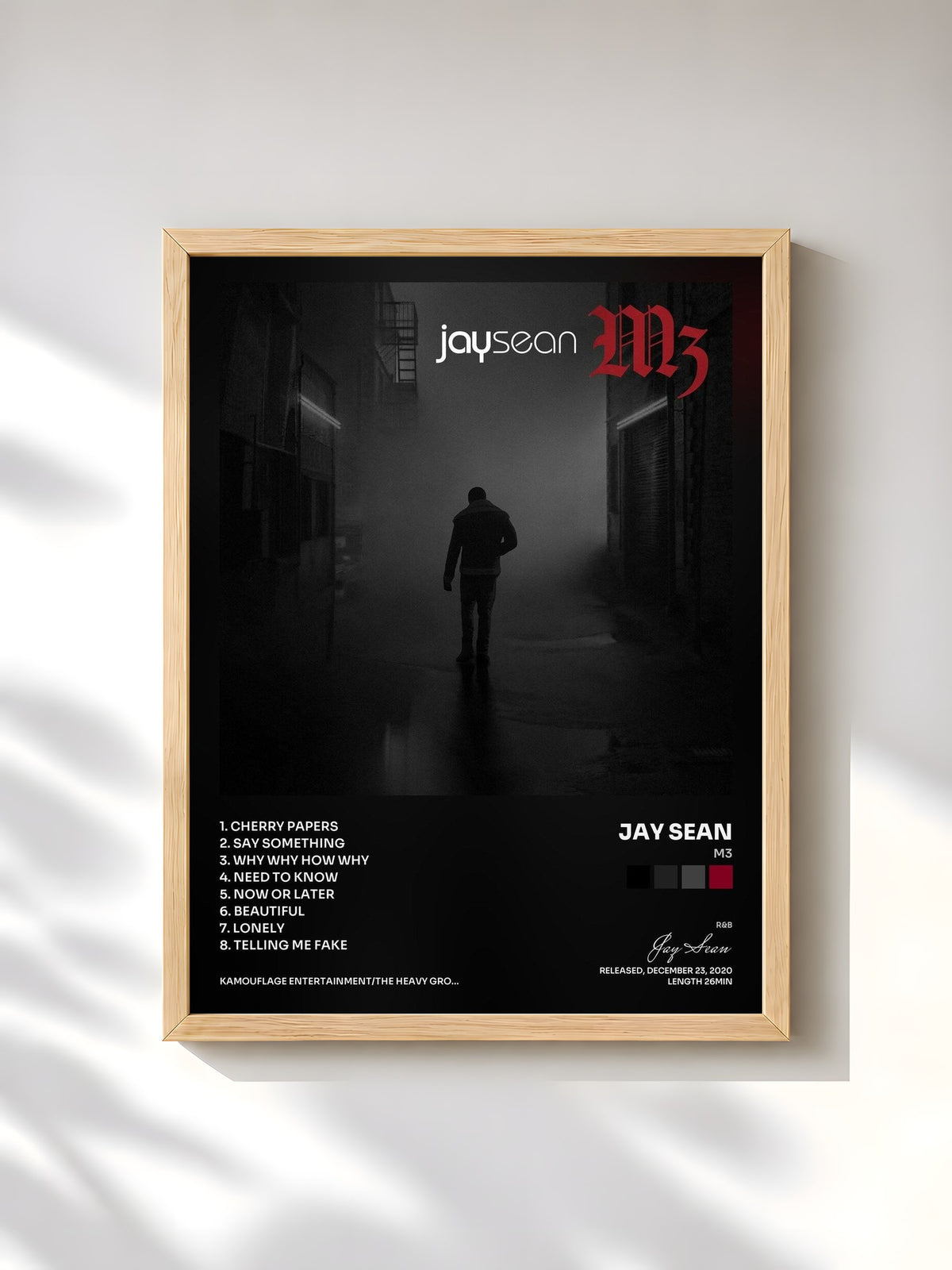 #bois Tableau de l'album M3 de Jay Sean, cadre en bois brut, imprimé et encadré en France
