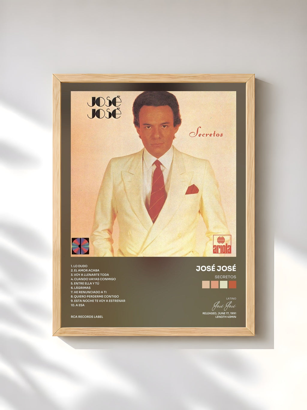 #bois Tableau de l'album Secretos de José José, cadre en bois brut, imprimé et encadré en France