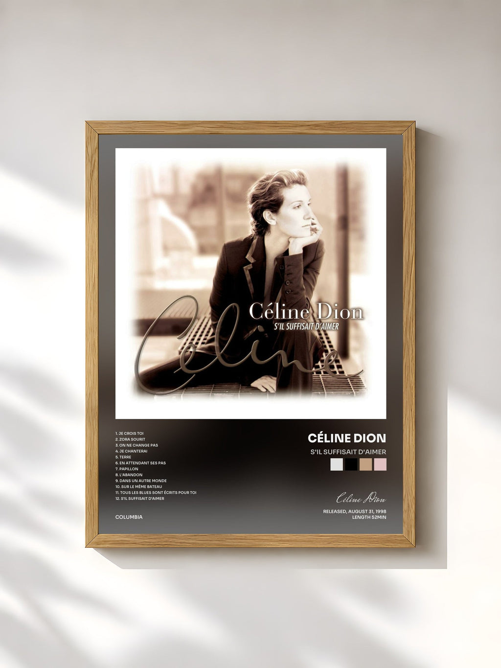 #bois Tableau de l'album S'il Suffisait D'aimer de Céline Dion, cadre en bois brut, imprimé et encadré en France