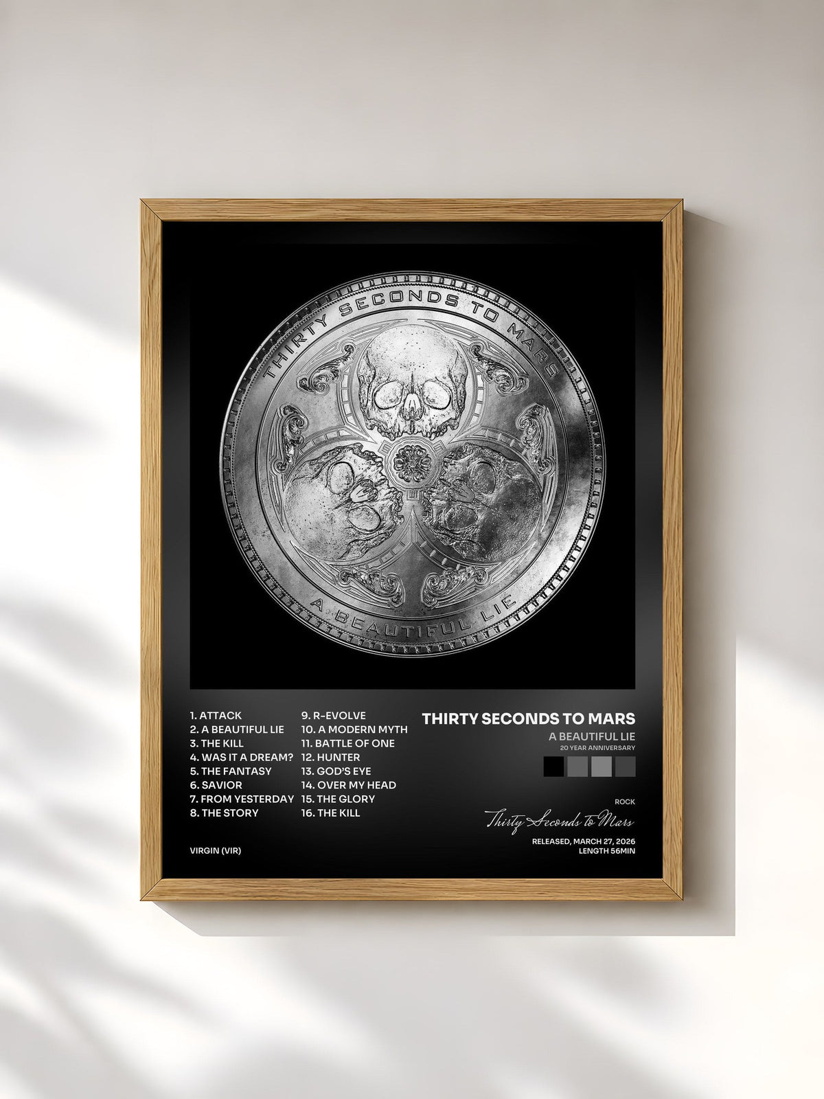 #bois Tableau de l'album A Beautiful Lie (20 Year Anniversary) de Thirty Seconds to Mars, cadre en bois brut, imprimé et encadré en France