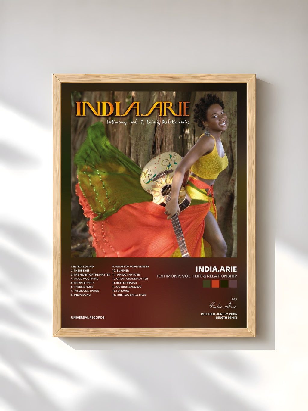 #bois Tableau de l'album Testimony: Vol. 1 Life & Relationship de India.Arie, cadre en bois brut, imprimé et encadré en France