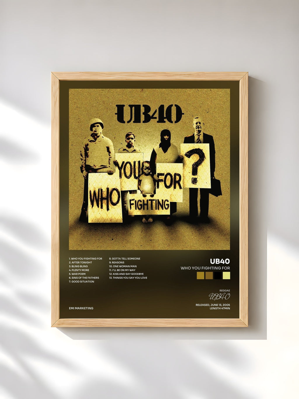#bois Tableau de l'album Who You Fighting For de UB40, cadre en bois brut, imprimé et encadré en France