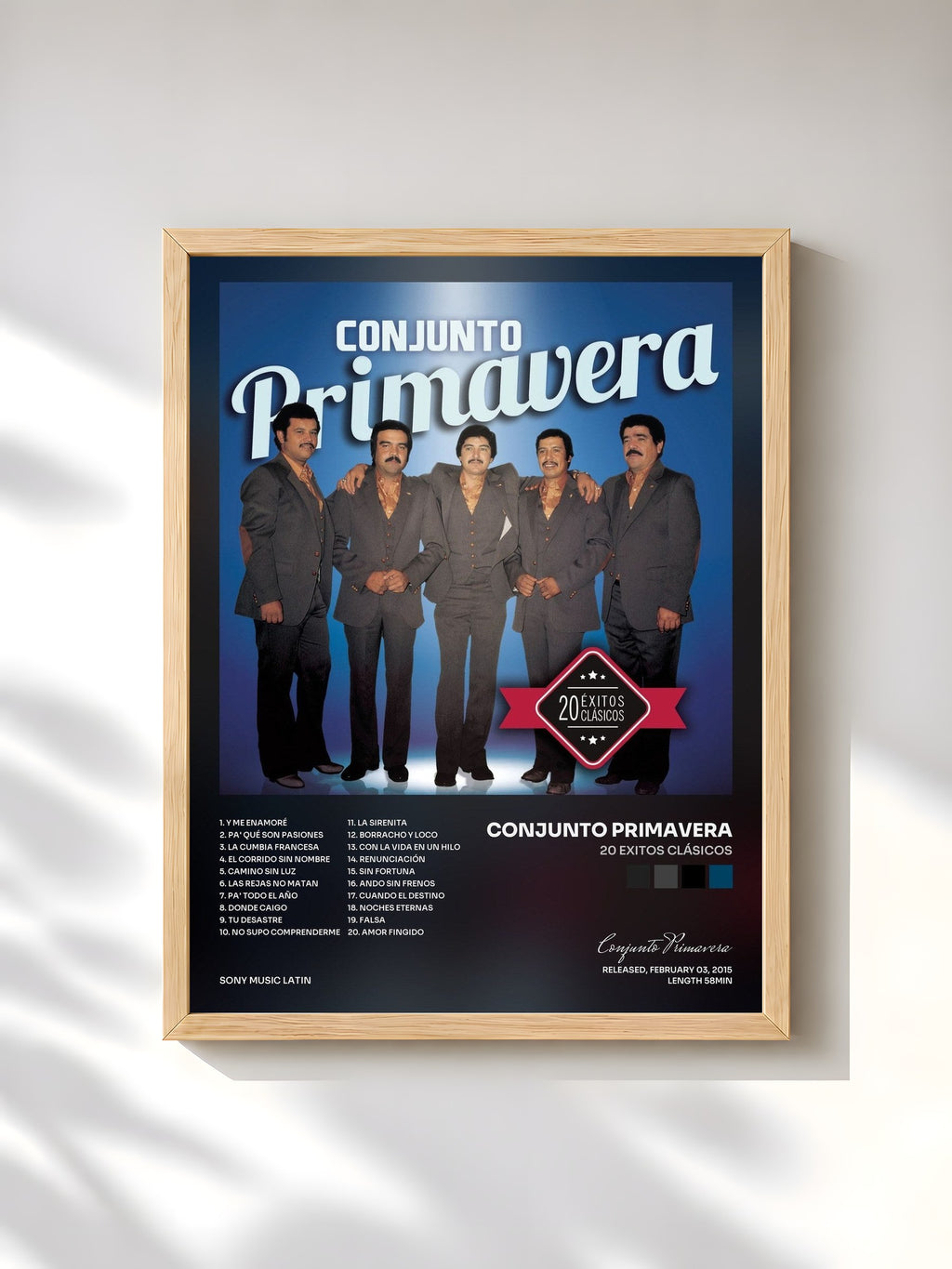 #bois Tableau de l'album 20 Exitos Clásicos de Conjunto Primavera, cadre en bois brut, imprimé et encadré en France