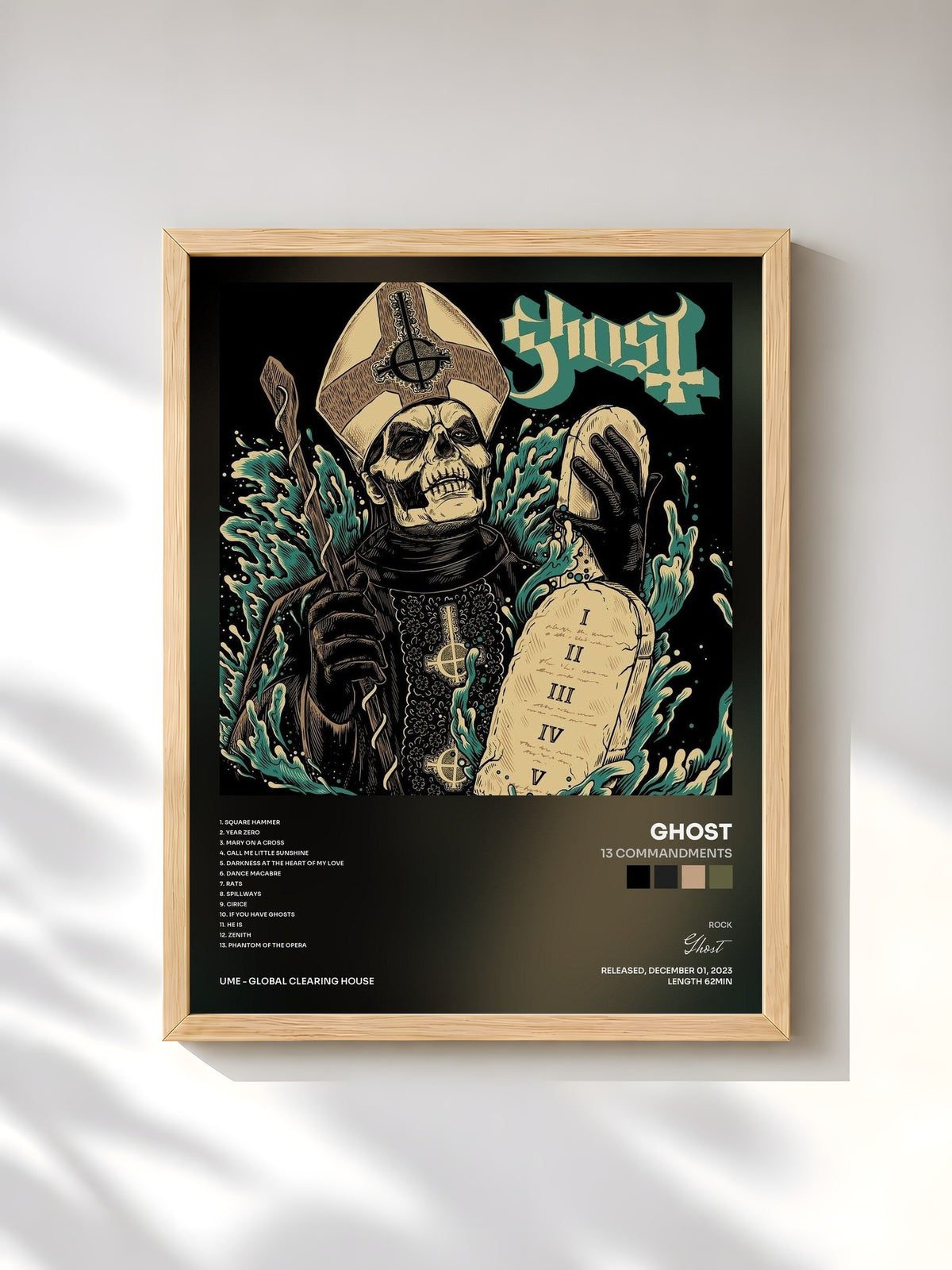 #bois Tableau de l'album 13 Commandments de Ghost, cadre en bois brut, imprimé et encadré en France