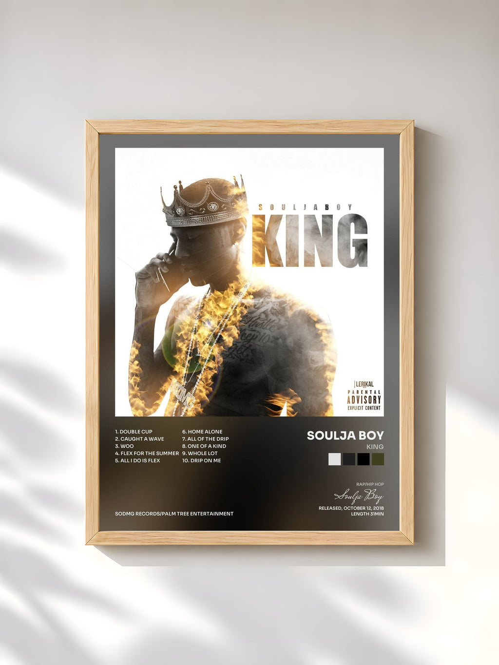 #bois Tableau de l'album King de Soulja Boy, cadre en bois brut, imprimé et encadré en France
