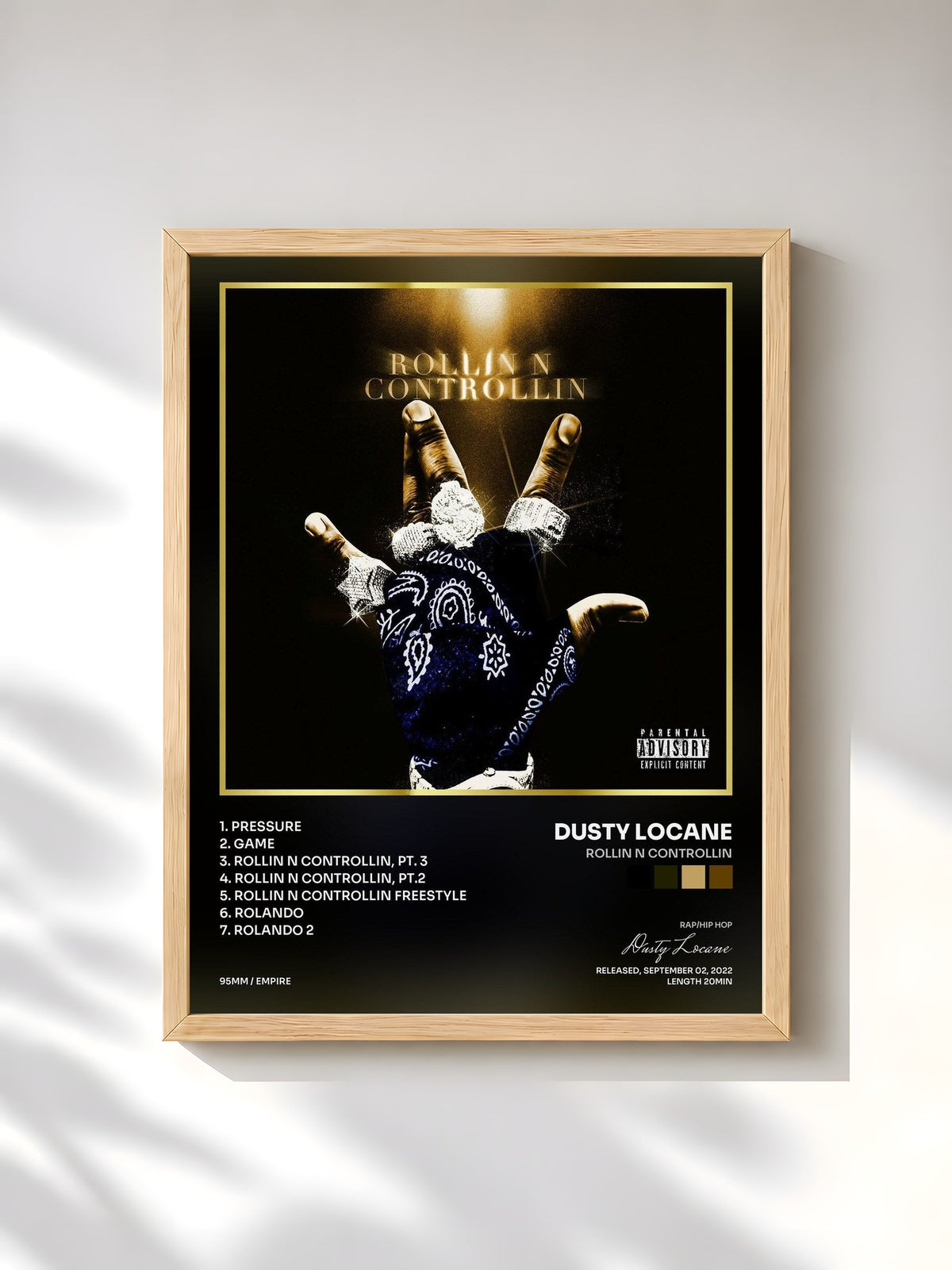 #bois Tableau de l'album ROLLIN N CONTROLLIN de Dusty Locane, cadre en bois brut, imprimé et encadré en France