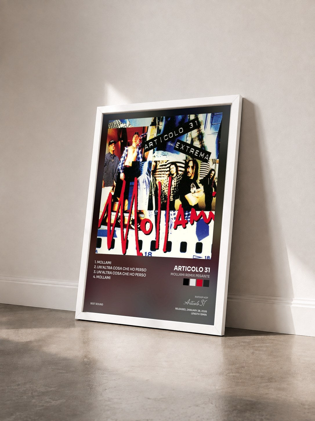 #blanc Tableau de l'album Mollami Remix Pesante de Articolo 31 vu de trois quarts, cadre blanc