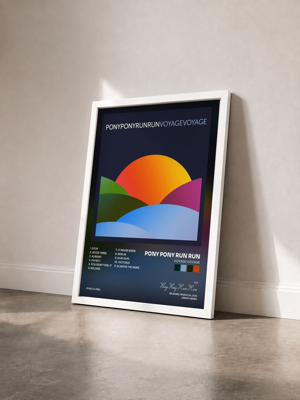 #blanc Tableau de l'album Voyage Voyage de Pony Pony Run Run vu de trois quarts, cadre blanc