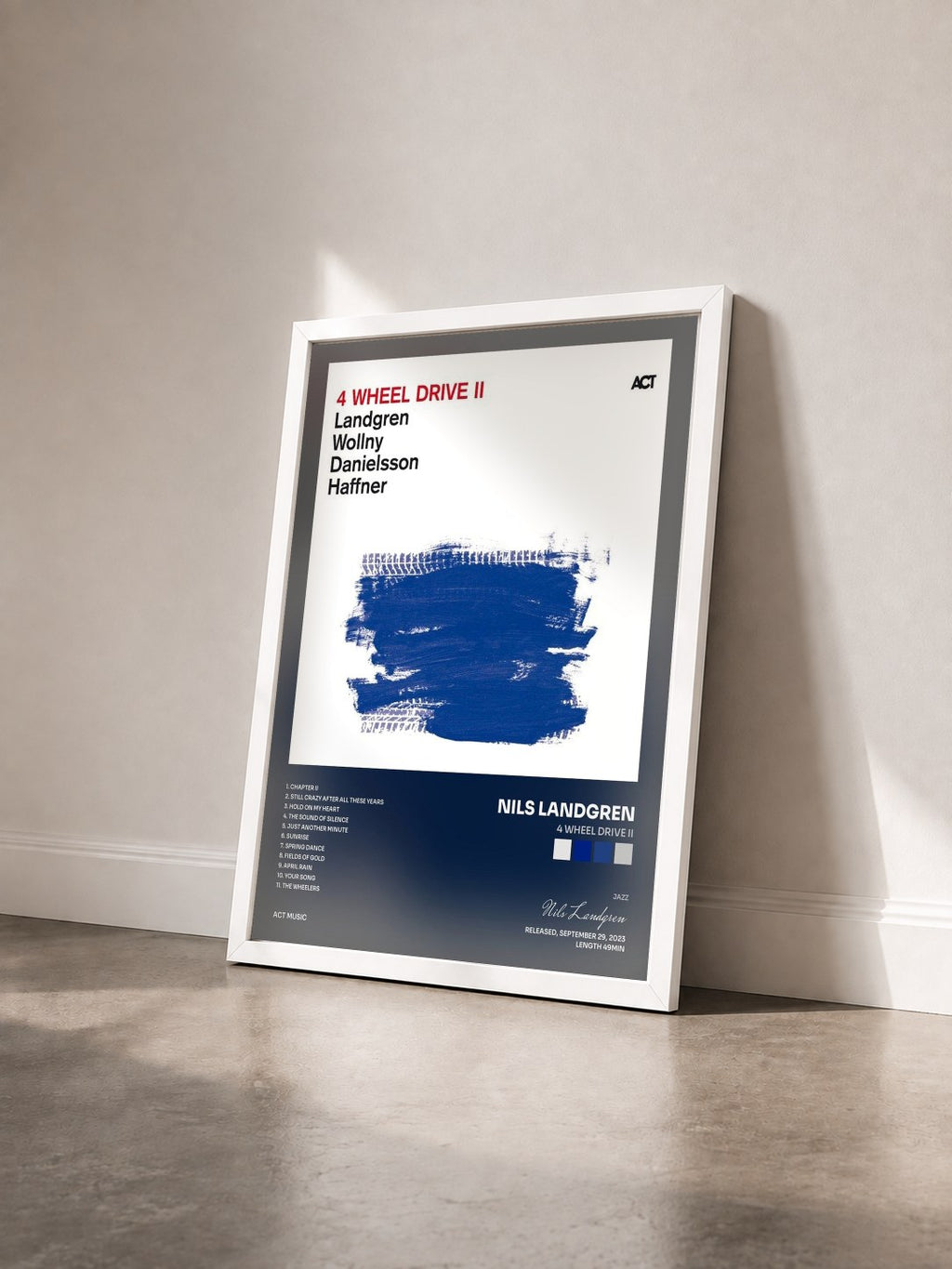 #blanc Tableau de l'album 4 Wheel Drive II de Nils Landgren vu de trois quarts, cadre blanc