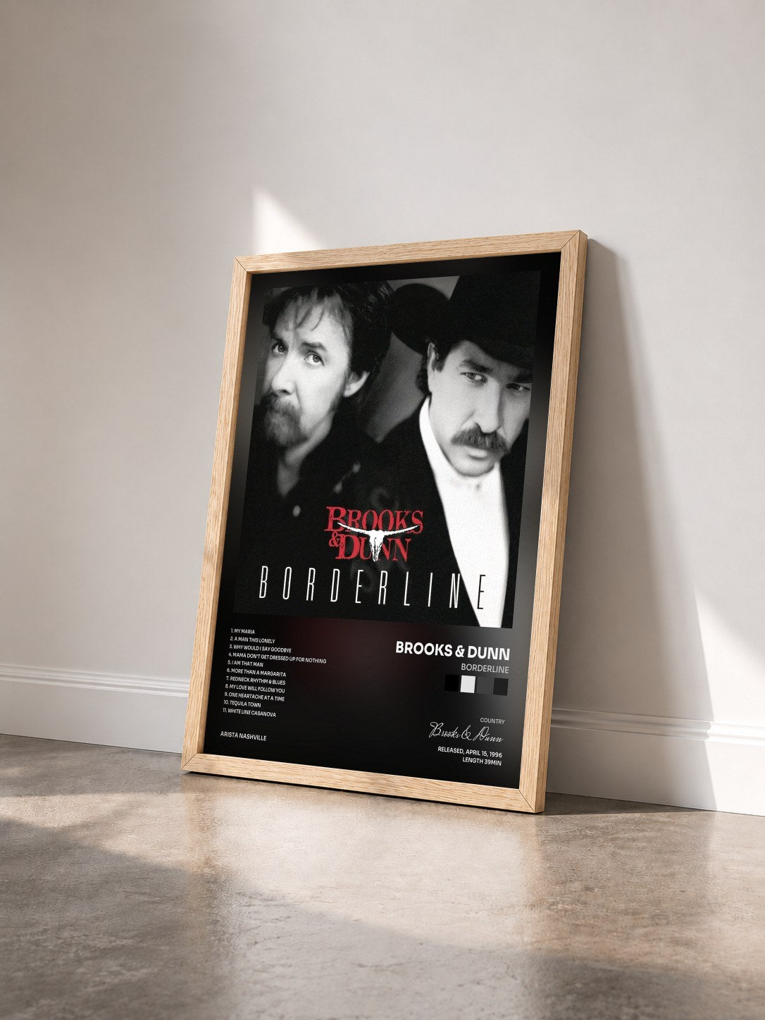 #bois Tableau de l'album Borderline de Brooks & Dunn vu de trois quarts, cadre en bois brut
