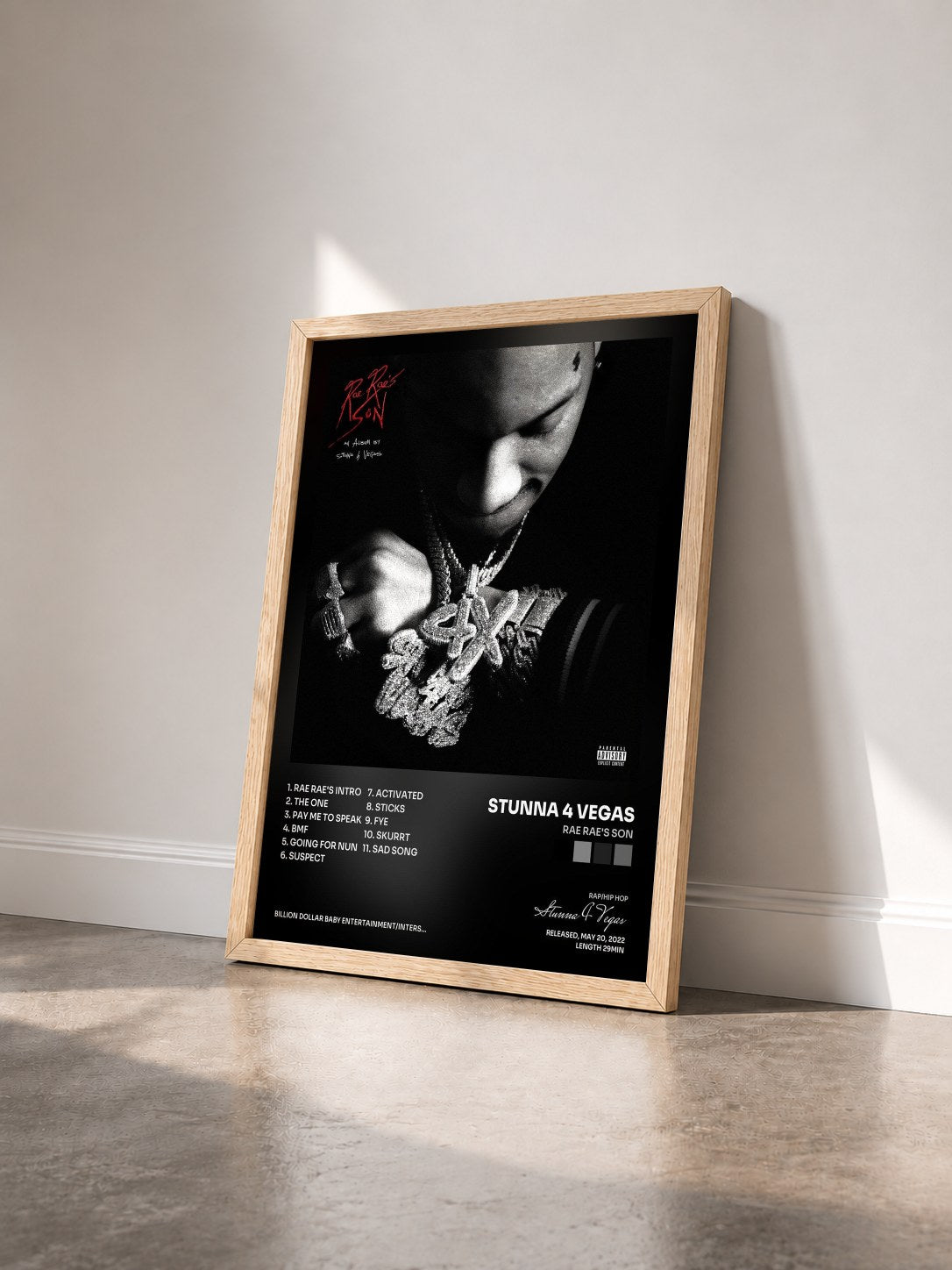 #bois Tableau de l'album Rae Rae's Son de Stunna 4 Vegas vu de trois quarts, cadre en bois brut