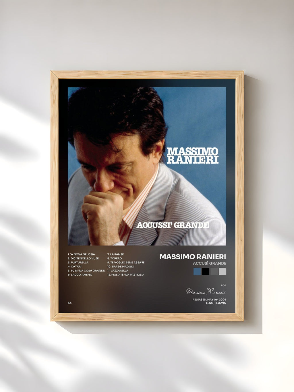 #bois Tableau de l'album Accusì Grande de Massimo Ranieri, cadre en bois brut, imprimé et encadré en France