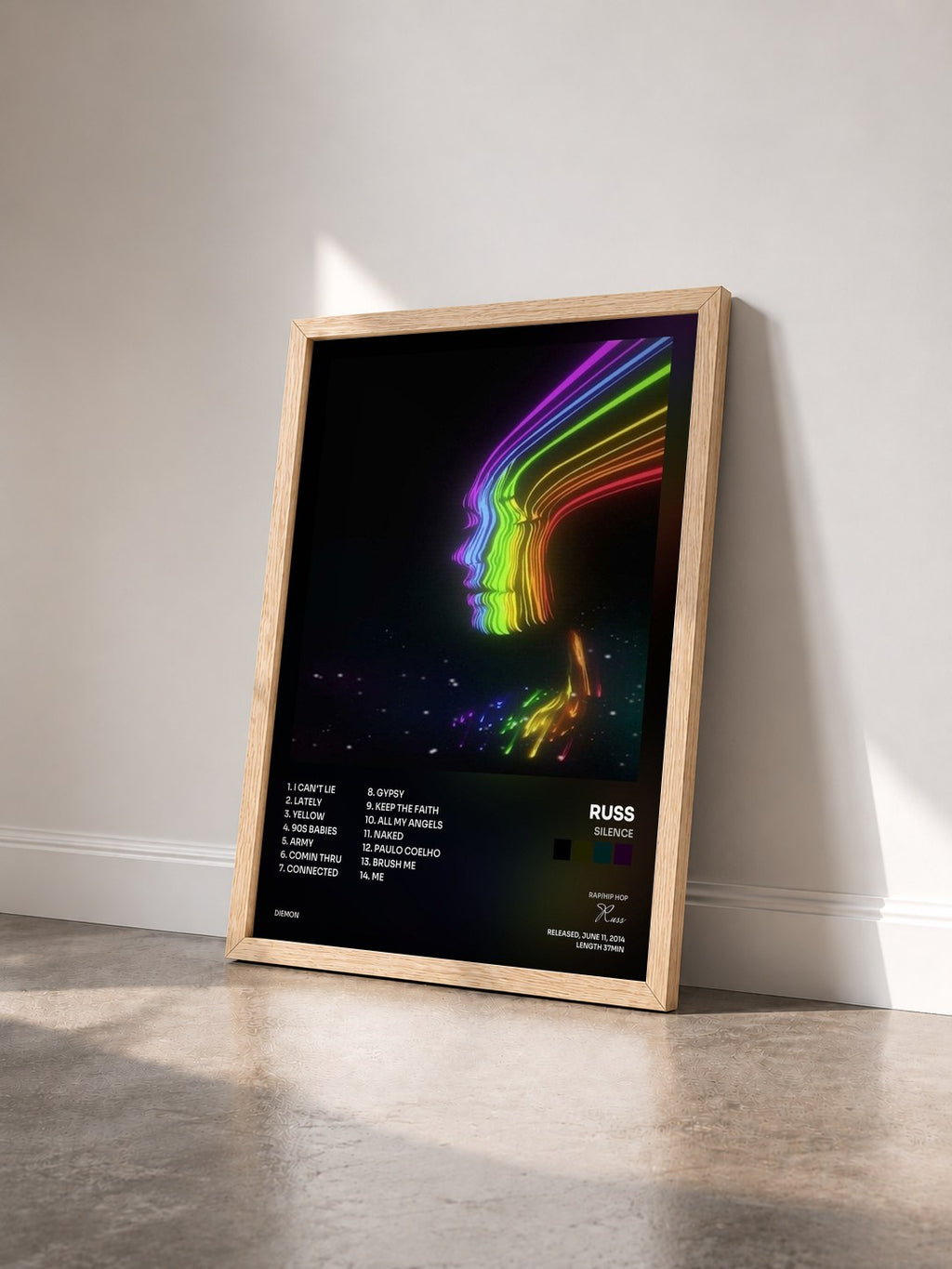 #bois Tableau de l'album Silence de Russ vu de trois quarts, cadre en bois brut