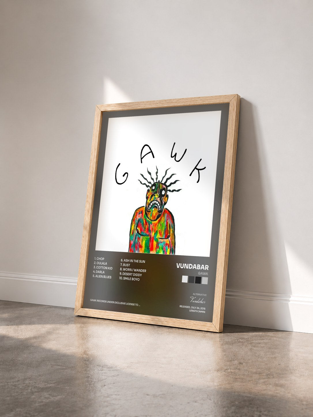 #bois Tableau de l'album Gawk de Vundabar vu de trois quarts, cadre en bois brut