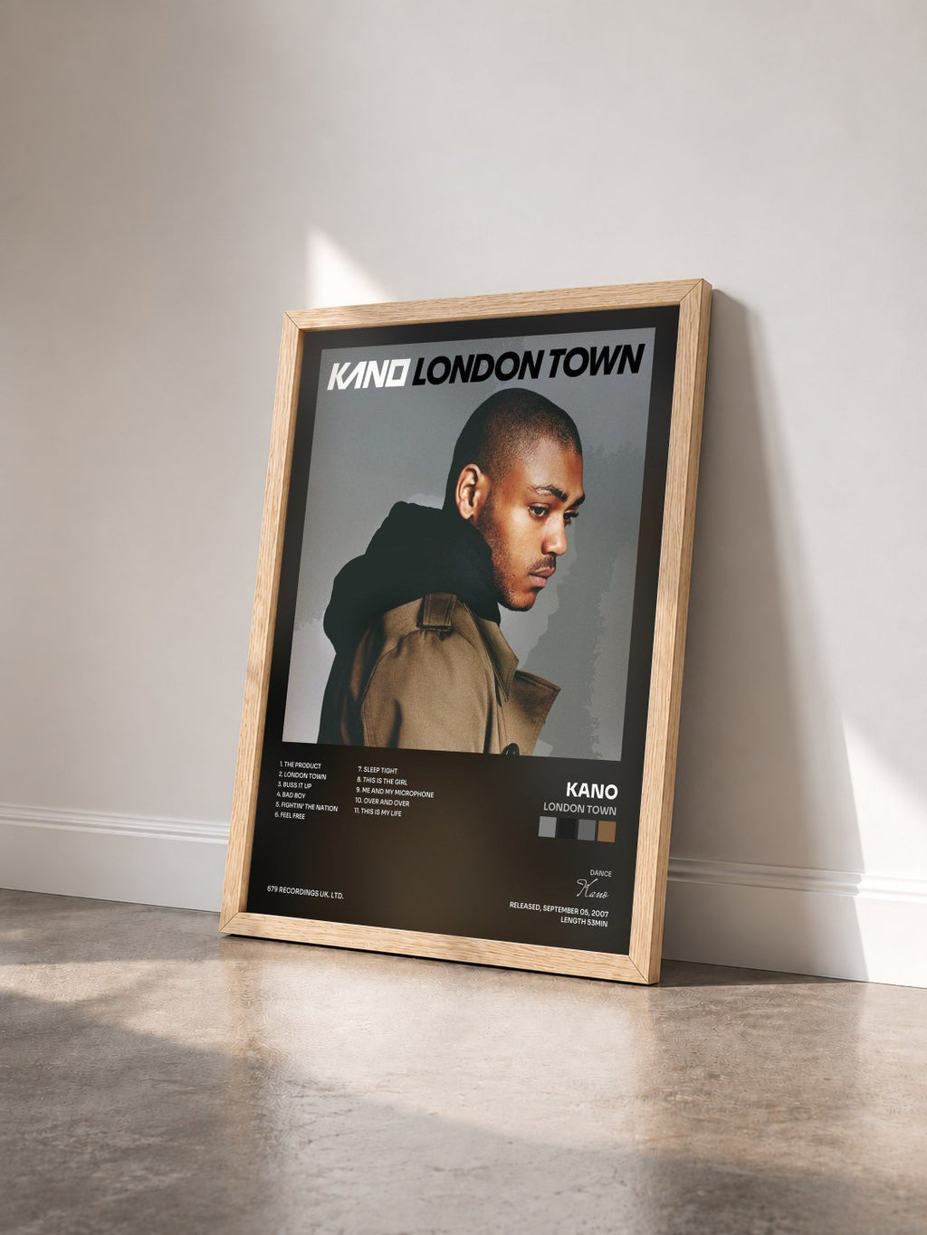 #bois Tableau de l'album London Town de Kano vu de trois quarts, cadre en bois brut