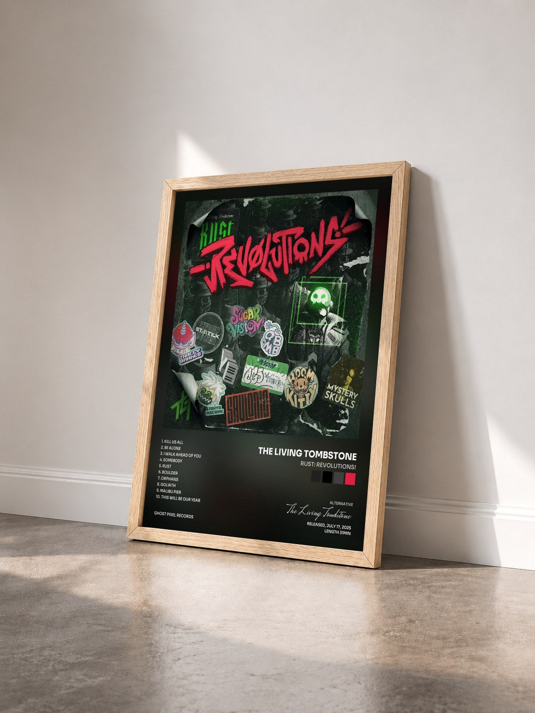 #bois Tableau de l'album Rust: Revolutions! de The Living Tombstone vu de trois quarts, cadre en bois brut