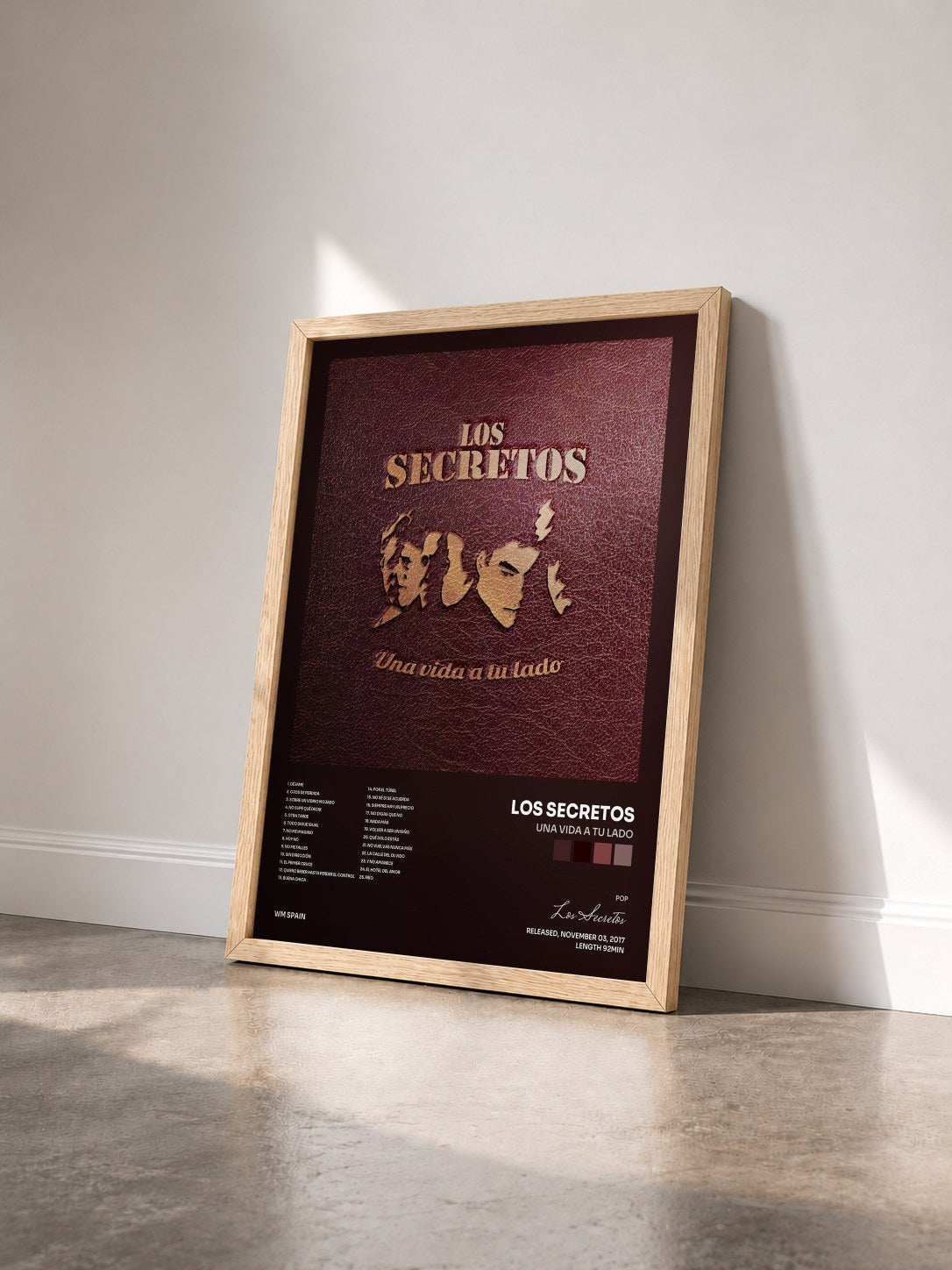 #bois Tableau de l'album Una vida a tu lado de Los Secretos vu de trois quarts, cadre en bois brut