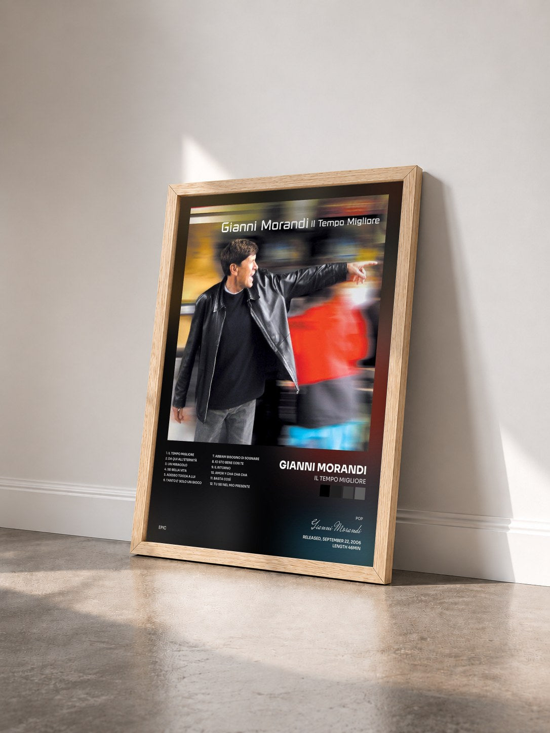 #bois Tableau de l'album Il Tempo Migliore de Gianni Morandi vu de trois quarts, cadre en bois brut