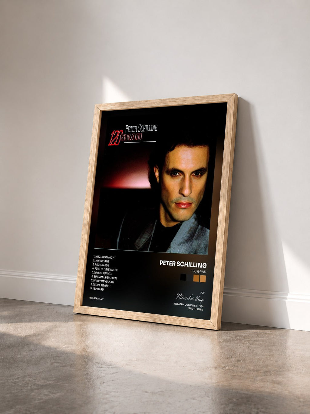 #bois Tableau de l'album 120 Grad de Peter Schilling vu de trois quarts, cadre en bois brut