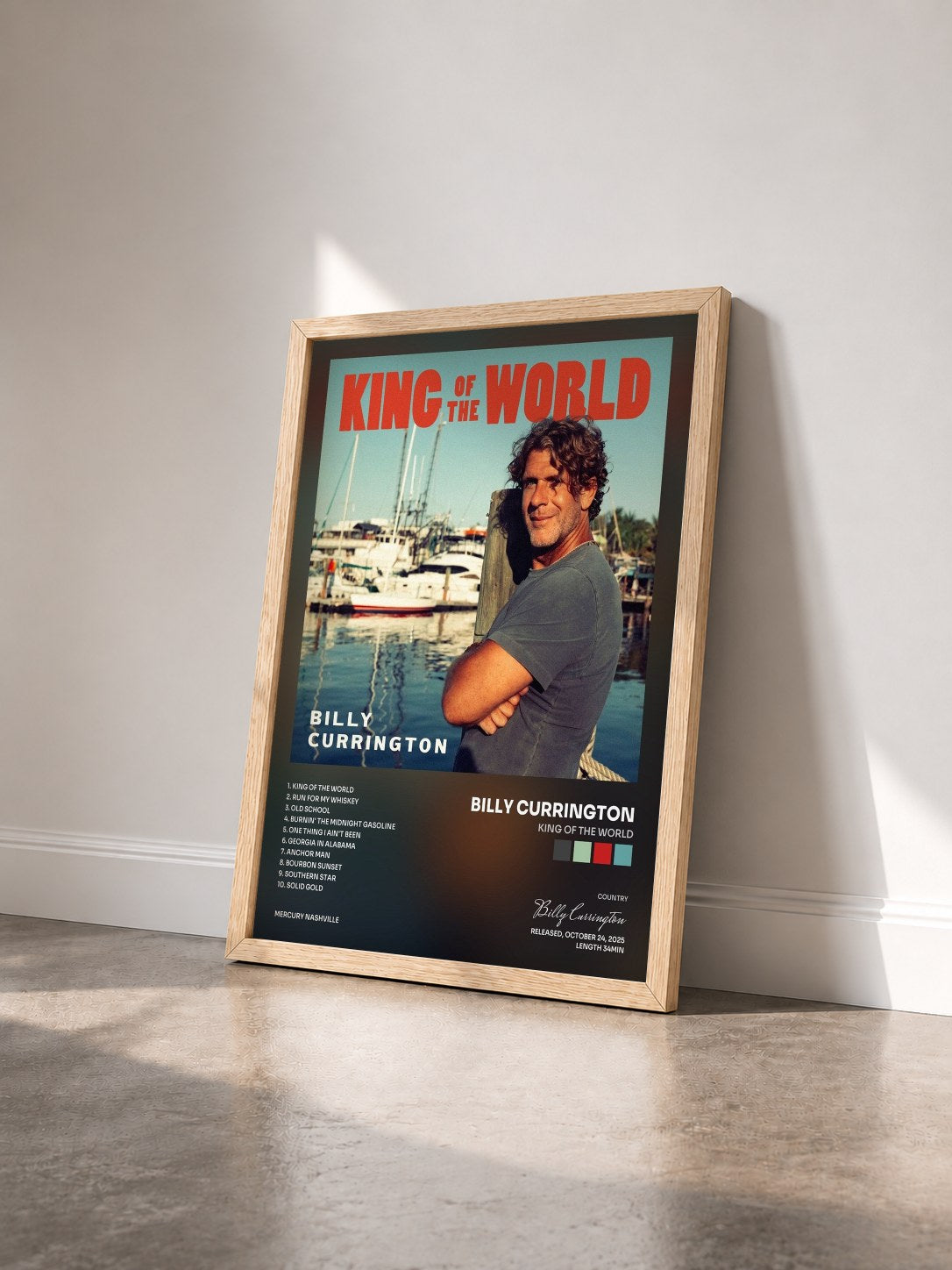 #bois Tableau de l'album King Of The World de Billy Currington vu de trois quarts, cadre en bois brut