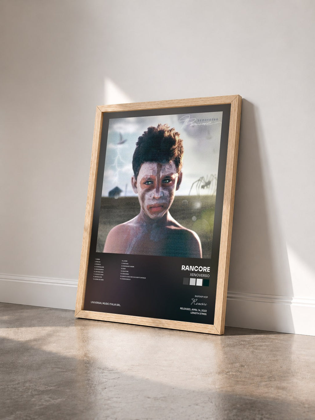 #bois Tableau de l'album XENOVERSO de Rancore vu de trois quarts, cadre en bois brut