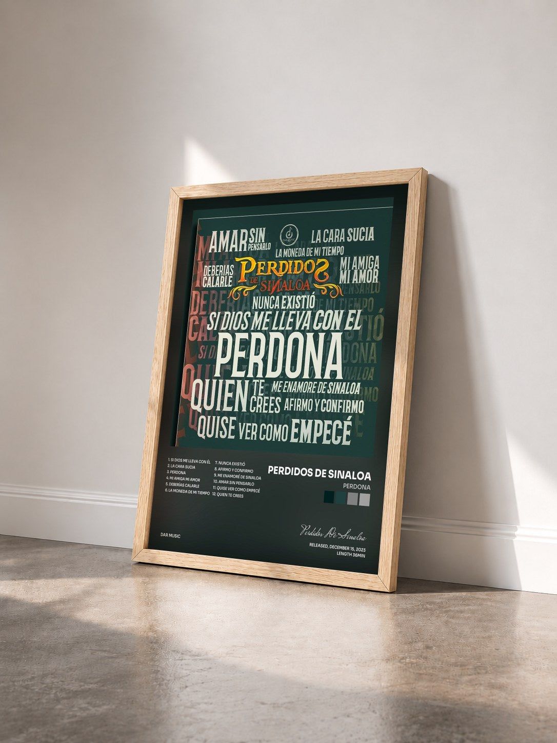 #bois Tableau de l'album Perdona de Perdidos De Sinaloa vu de trois quarts, cadre en bois brut