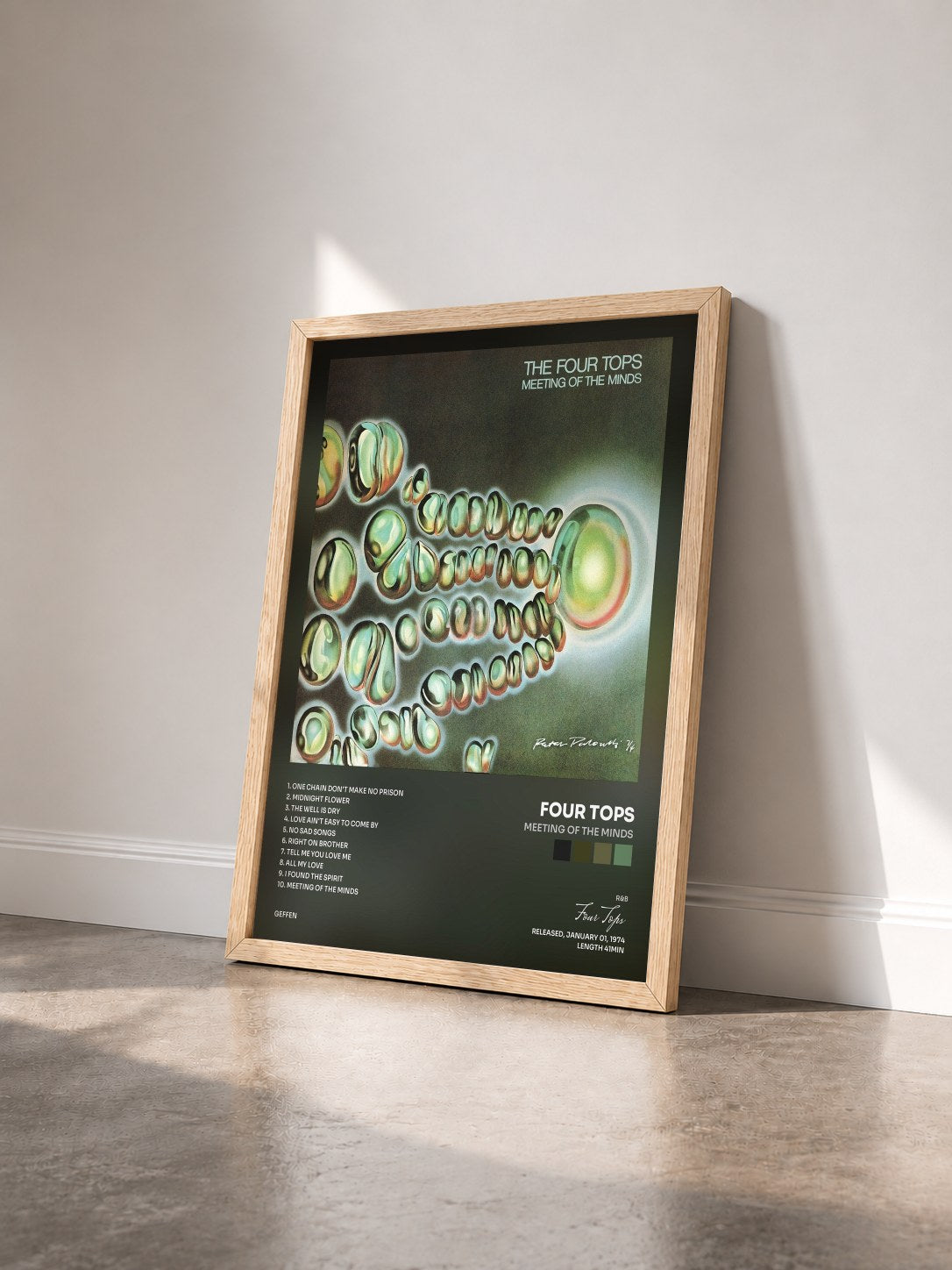 #bois Tableau de l'album Meeting Of The Minds de Four Tops vu de trois quarts, cadre en bois brut