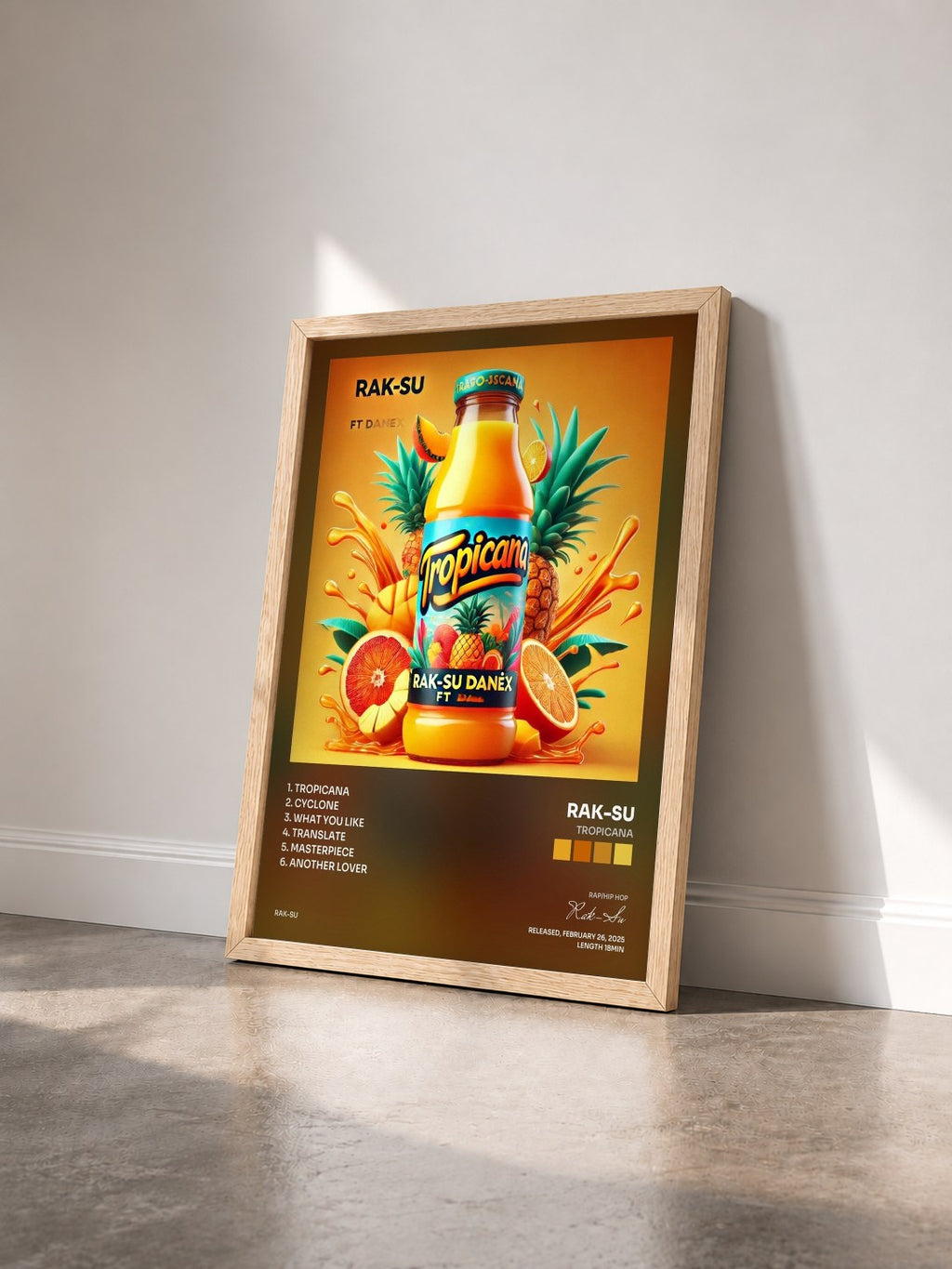 #bois Tableau de l'album Tropicana de Rak-Su vu de trois quarts, cadre en bois brut