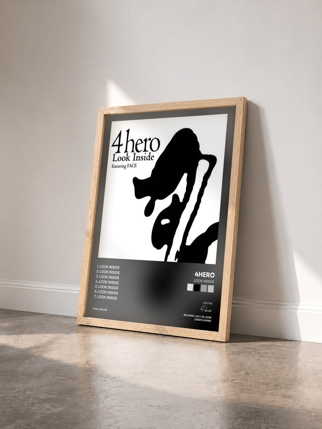 #bois Tableau de l'album Look Inside de 4hero vu de trois quarts, cadre en bois brut