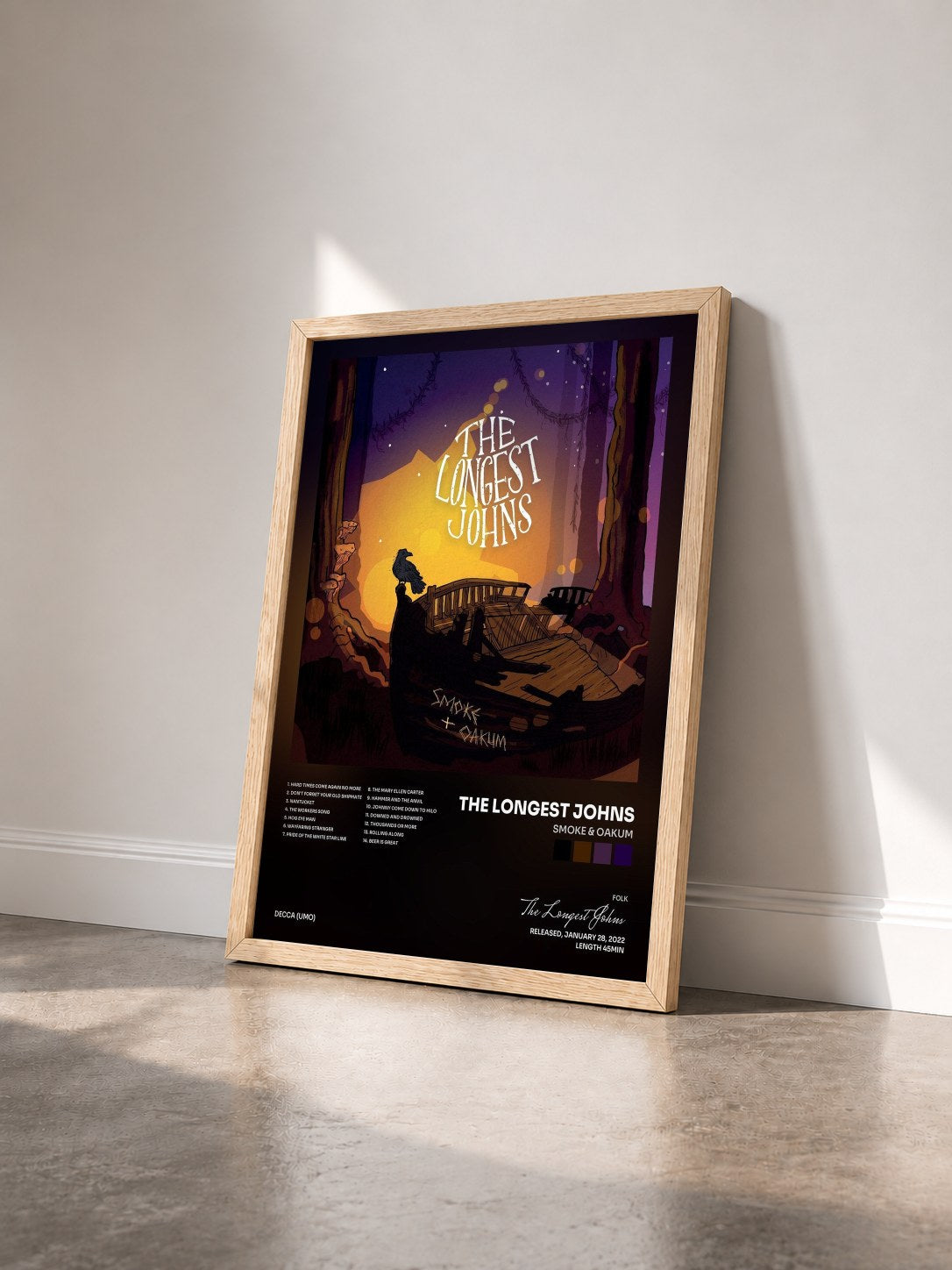 #bois Tableau de l'album Smoke & Oakum de The Longest Johns vu de trois quarts, cadre en bois brut