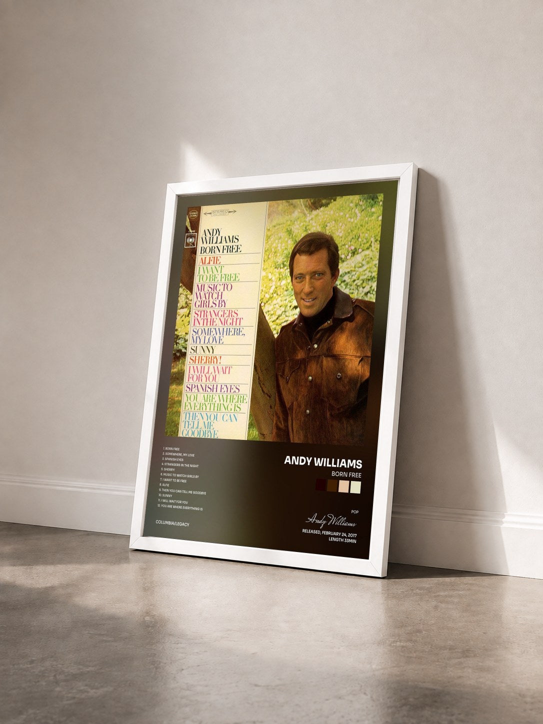 #blanc Tableau de l'album Born Free de Andy Williams vu de trois quarts, cadre blanc