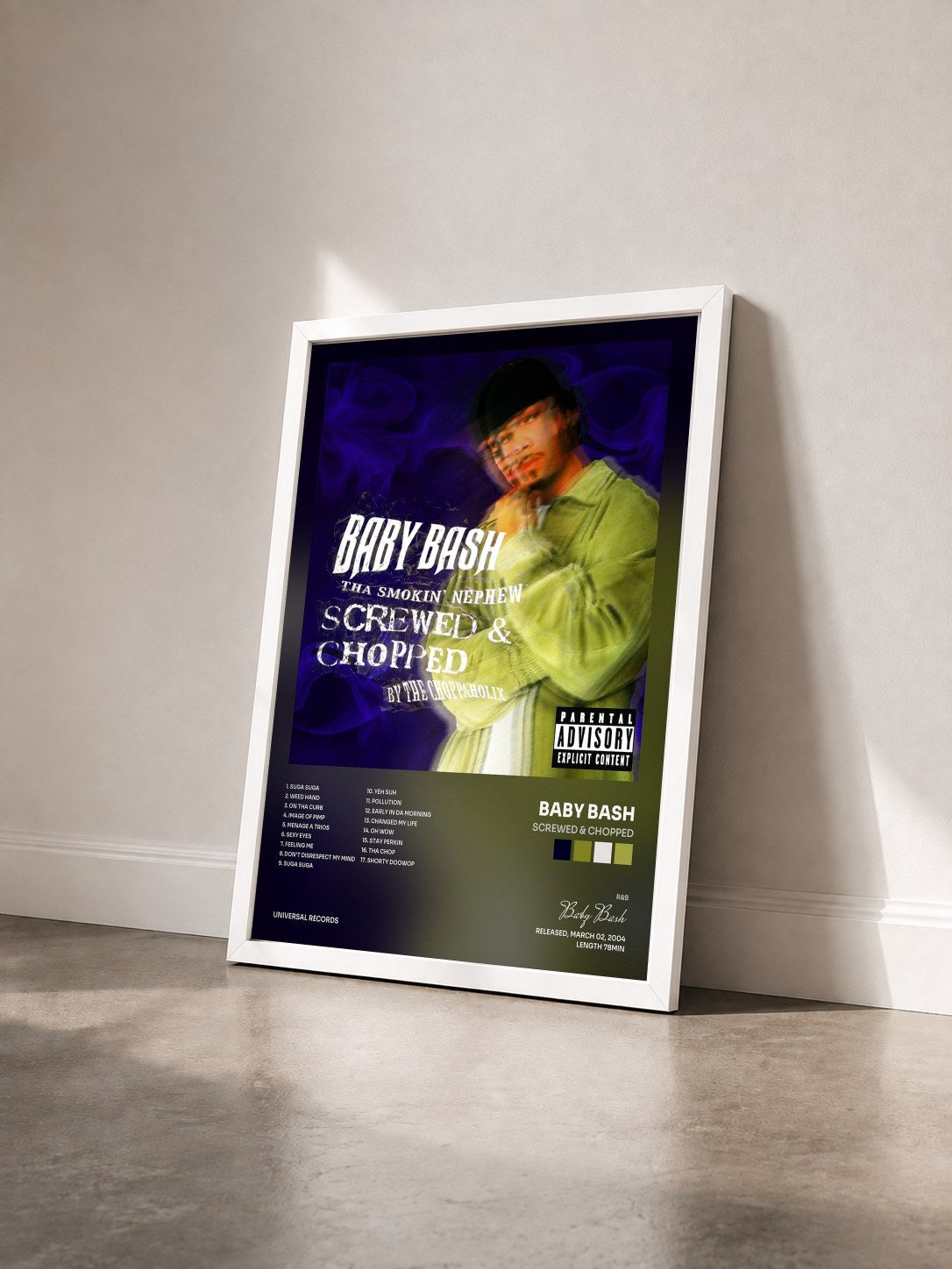 #blanc Tableau de l'album Screwed & Chopped de Baby Bash vu de trois quarts, cadre blanc