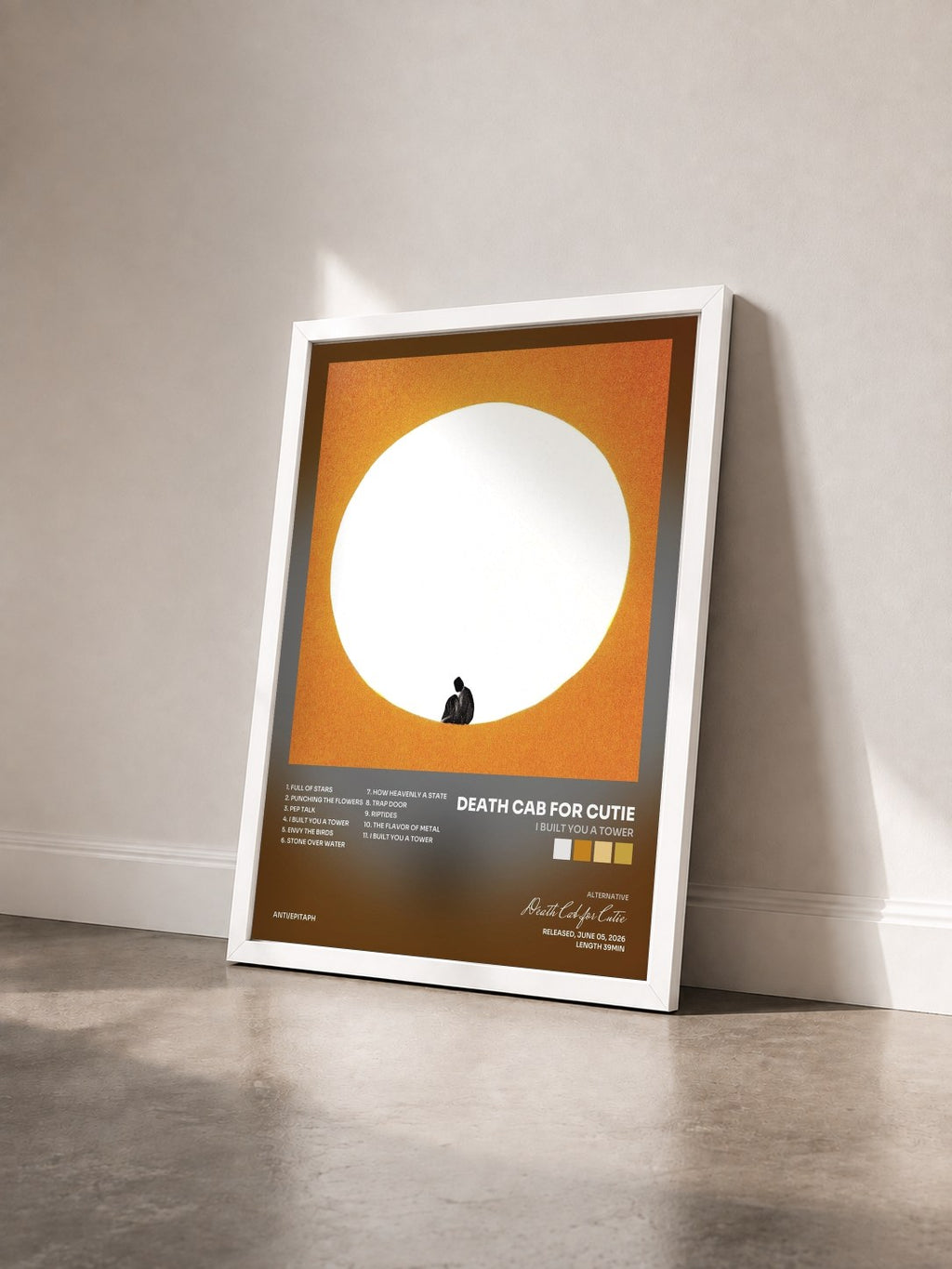#blanc Tableau de l'album I Built You A Tower de Death Cab for Cutie vu de trois quarts, cadre blanc