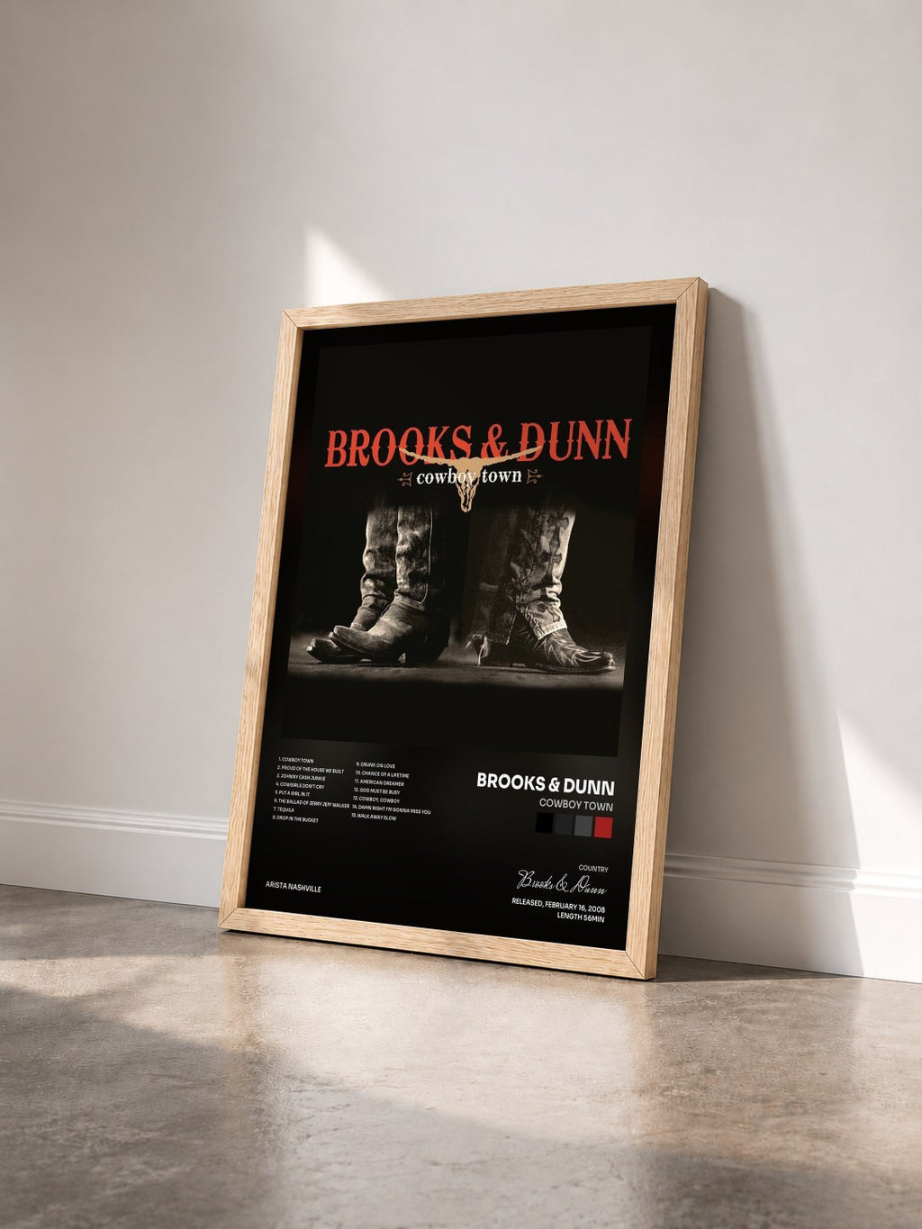 #bois Tableau de l'album Cowboy Town de Brooks & Dunn vu de trois quarts, cadre en bois brut
