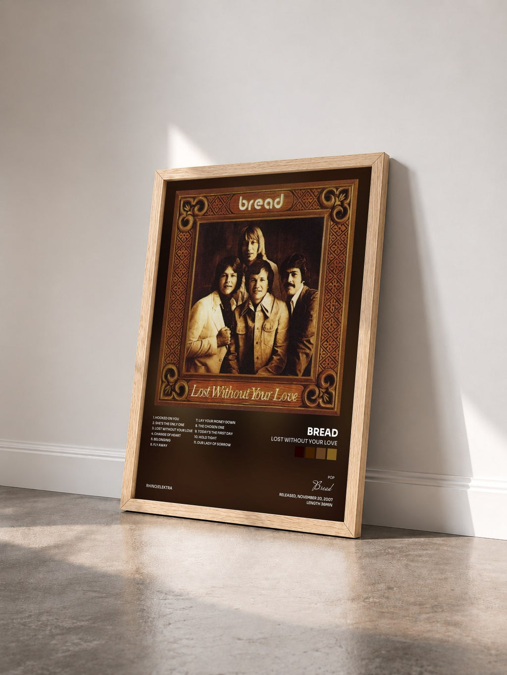 #bois Tableau de l'album Lost Without Your Love de Bread vu de trois quarts, cadre en bois brut