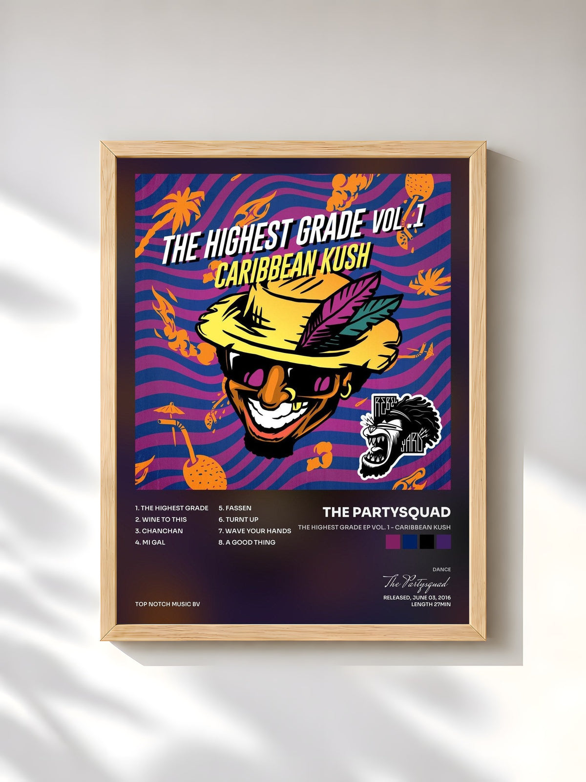 #bois Tableau de l'album The Highest Grade EP Vol. 1 - Caribbean Kush de The Partysquad, cadre en bois brut, imprimé et encadré en France