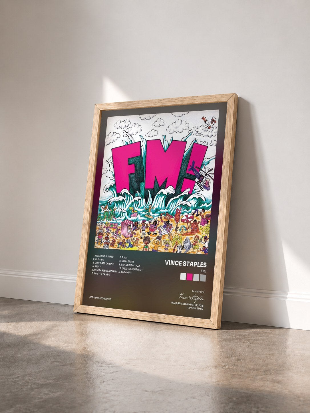 #bois Tableau de l'album FM! de Vince Staples vu de trois quarts, cadre en bois brut